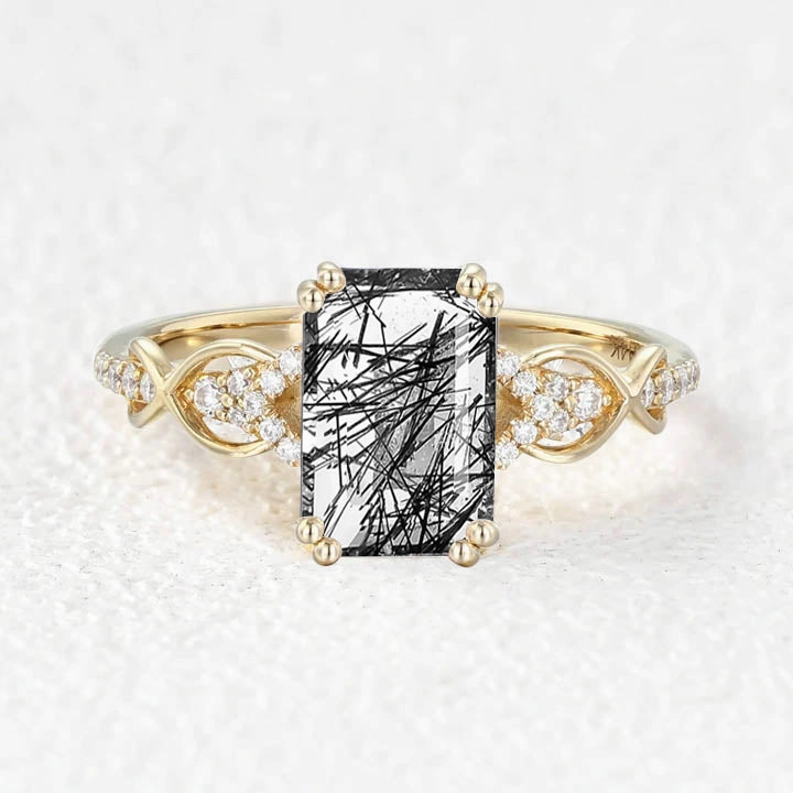 All Purpose Gift Luxurious design Emerald Cut Black Rutilated Quartz Infinity Ring