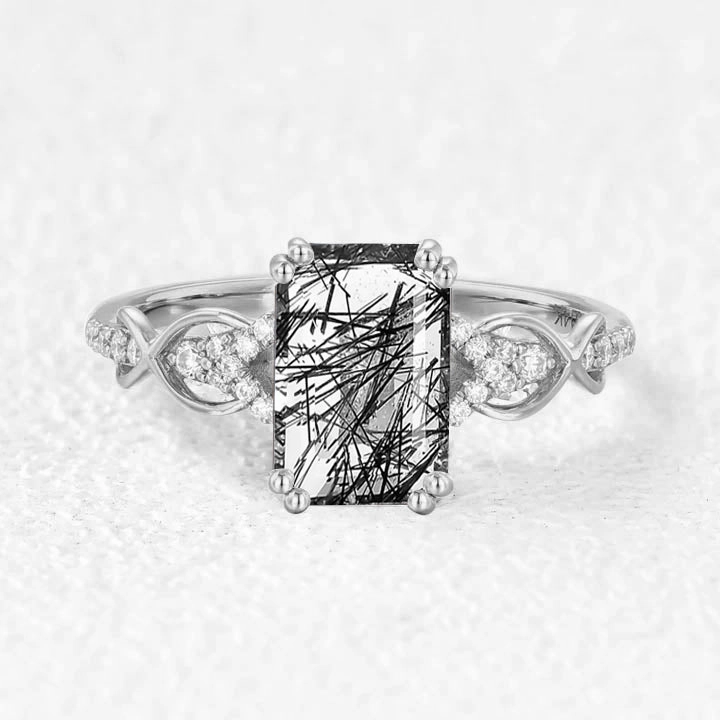 Emerald Cut Black Rutilated Quartz Infinity Ring Statement Accent
