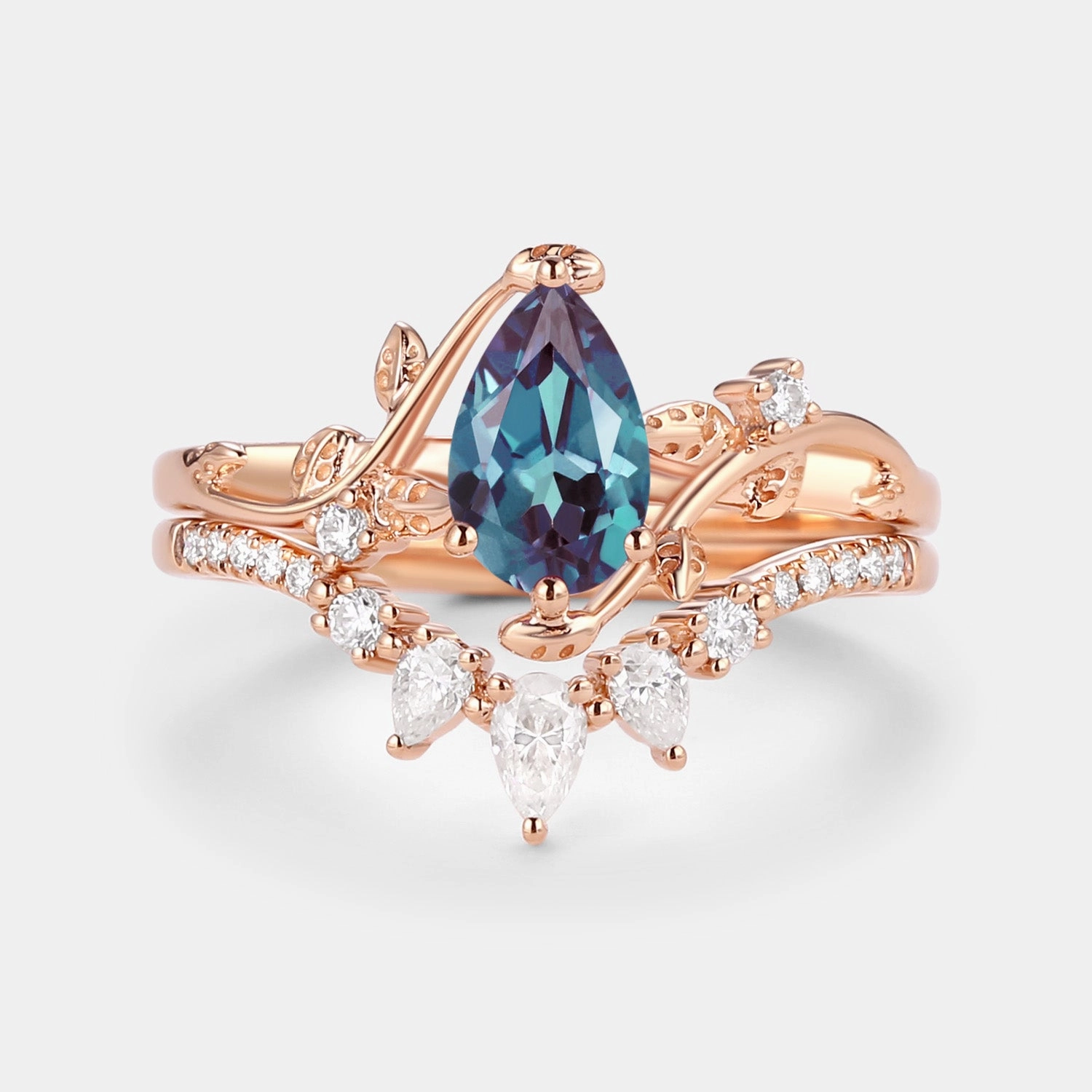 Lab Alexandrite & Moissanite White Gold Ring Set 2pcs Local Craft