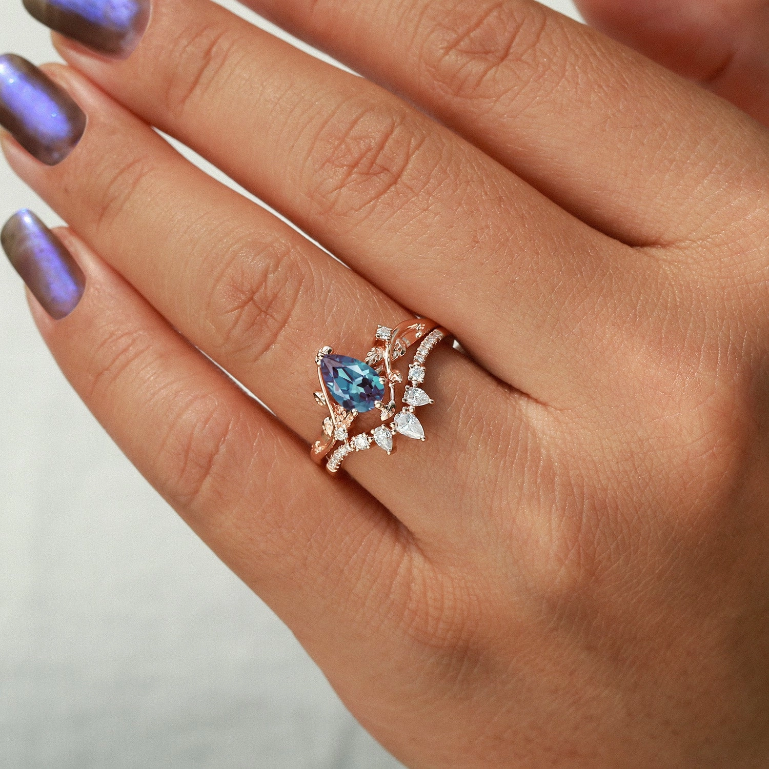 Wonderful Jewelry Secure Art Lab Alexandrite & Moissanite White Gold Ring Set 2pcs