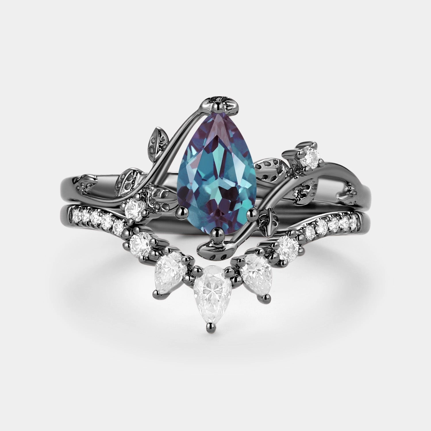 Relaxed Style Lab Alexandrite & Moissanite White Gold Ring Set 2pcs