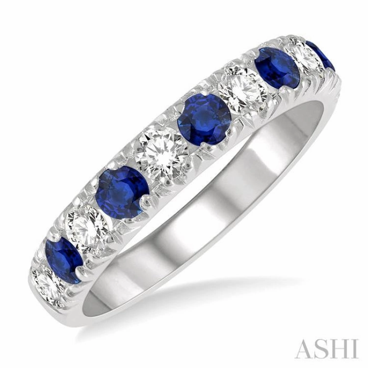 2.9 MM Sapphire and 1/2 ctw Round Cut Diamond Precious Wedding Band in 14K White Gold Strong Adornment Birthday Surprise