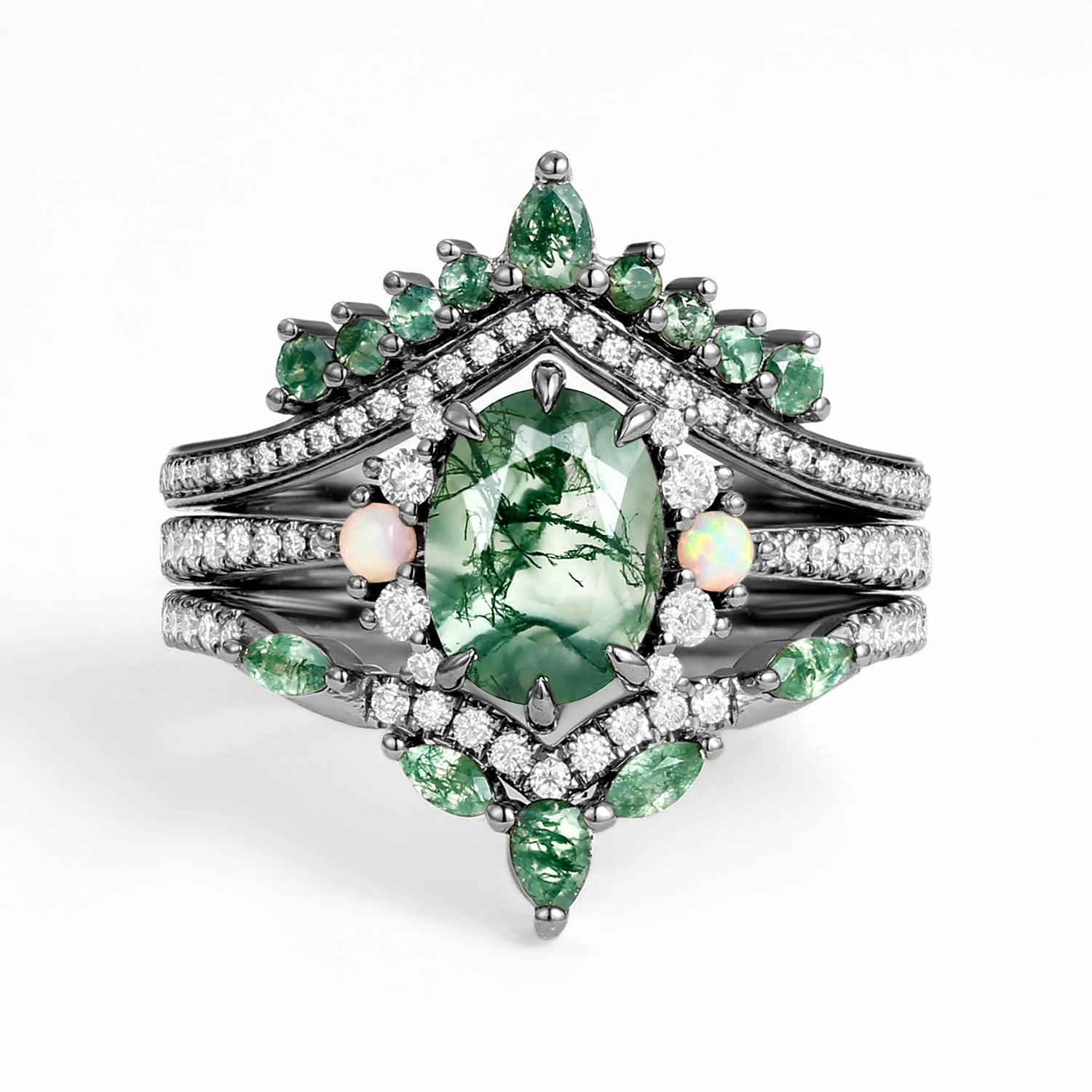 Unique Oval Cut Moss Agate Opal Engagement Ring Set 3pcs - Ethan Gorgeous Look High-End Jewelry