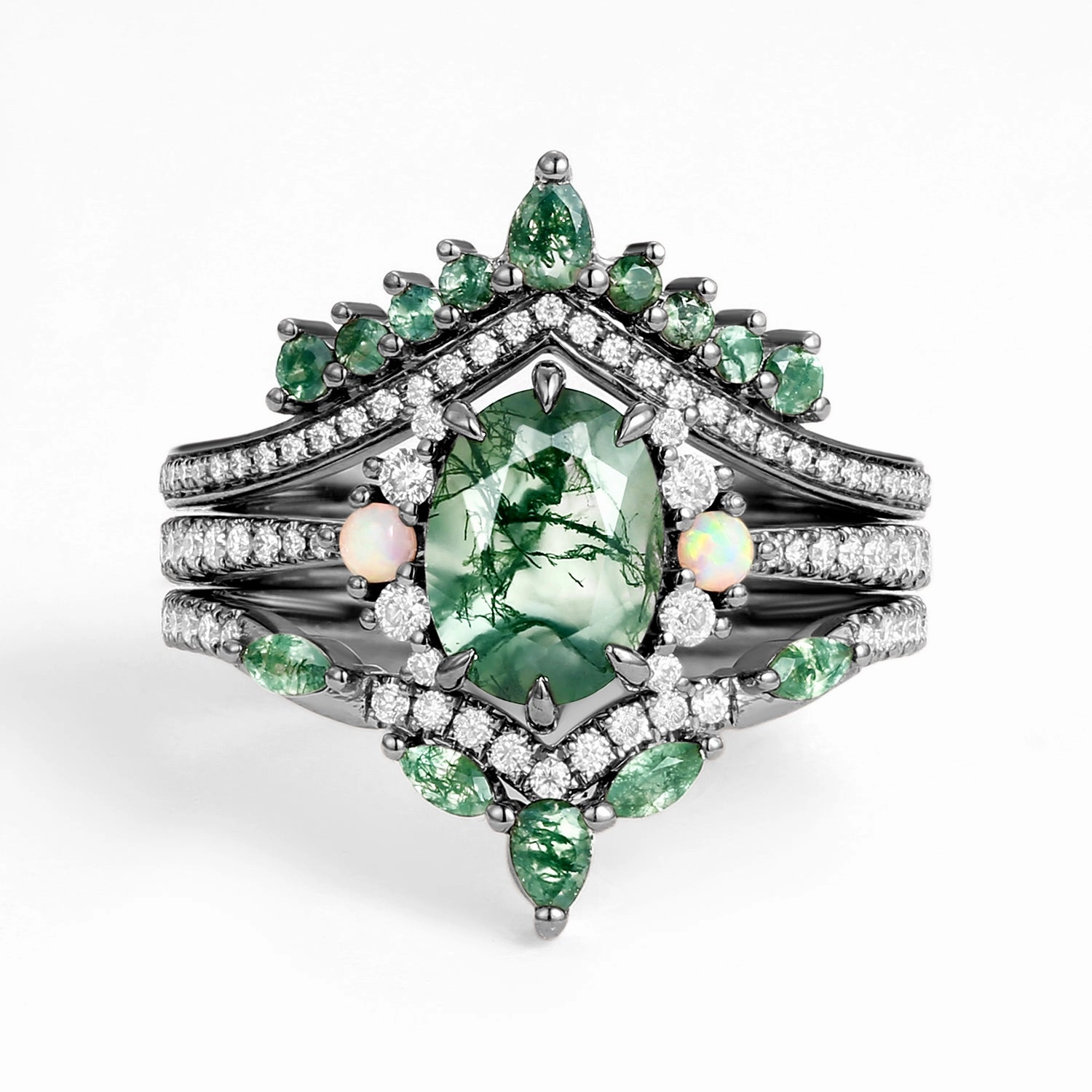 Radiant Finish Pieces Unique Oval Cut Moss Agate Opal Engagement Ring Set 3pcs - Ethan