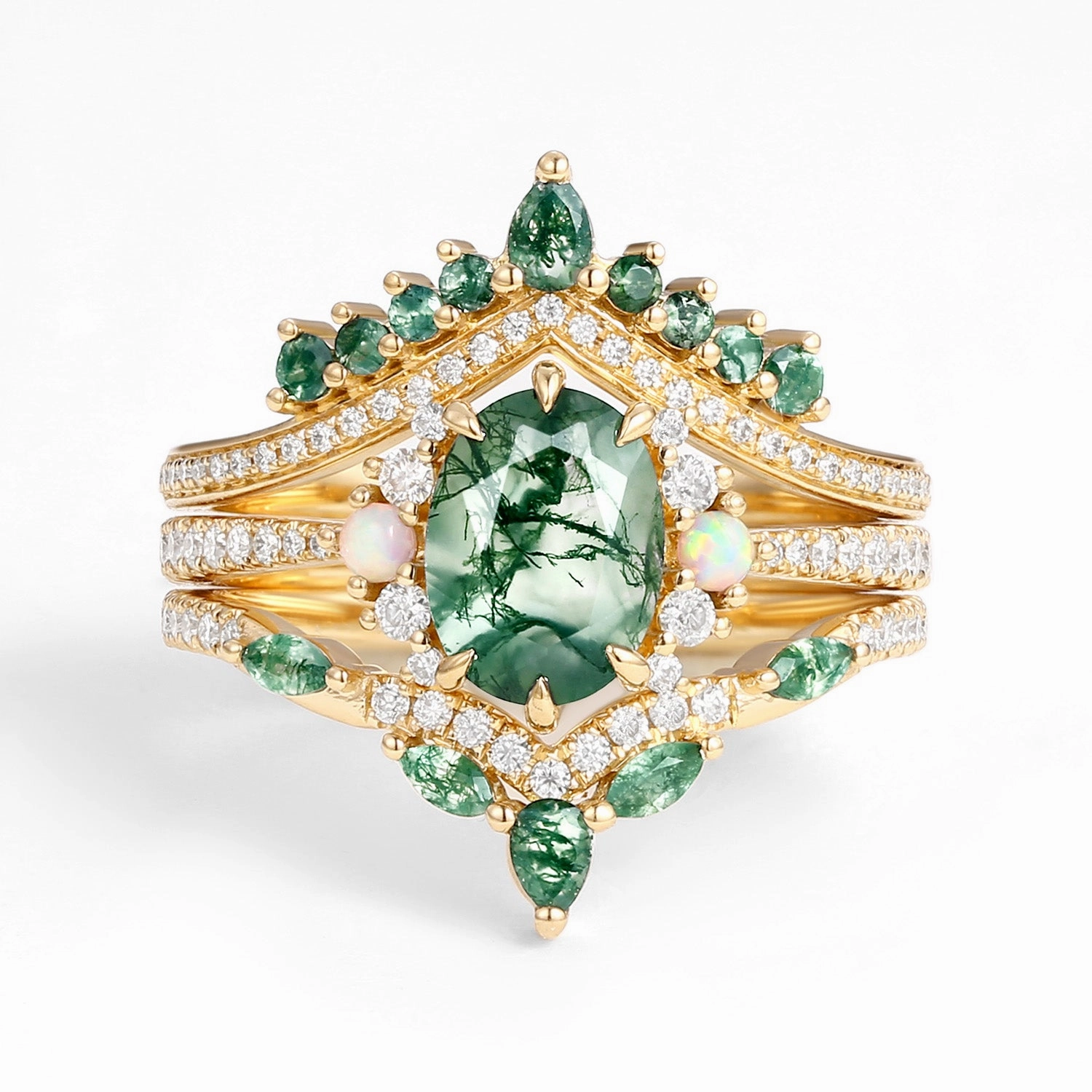Unique Oval Cut Moss Agate Opal Engagement Ring Set 3pcs - Ethan Elegant Addition Unique Trinket