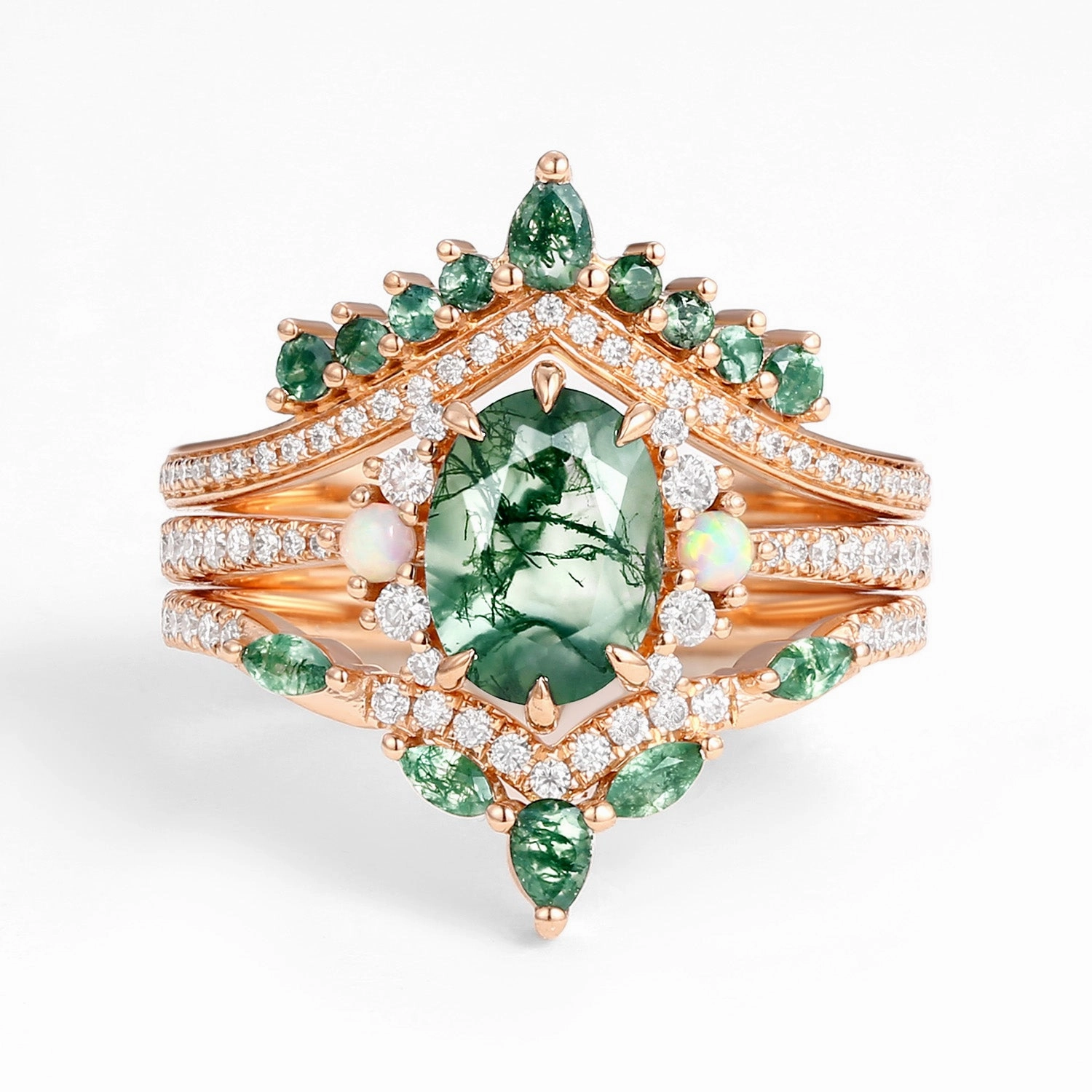 Delicate Glam Daily Gift Unique Oval Cut Moss Agate Opal Engagement Ring Set 3pcs - Ethan