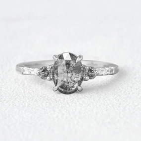 Oval Cut Salt and Pepper Diamonds Gold Engagement Ring Radiant Shine Finish Minimalist Charm