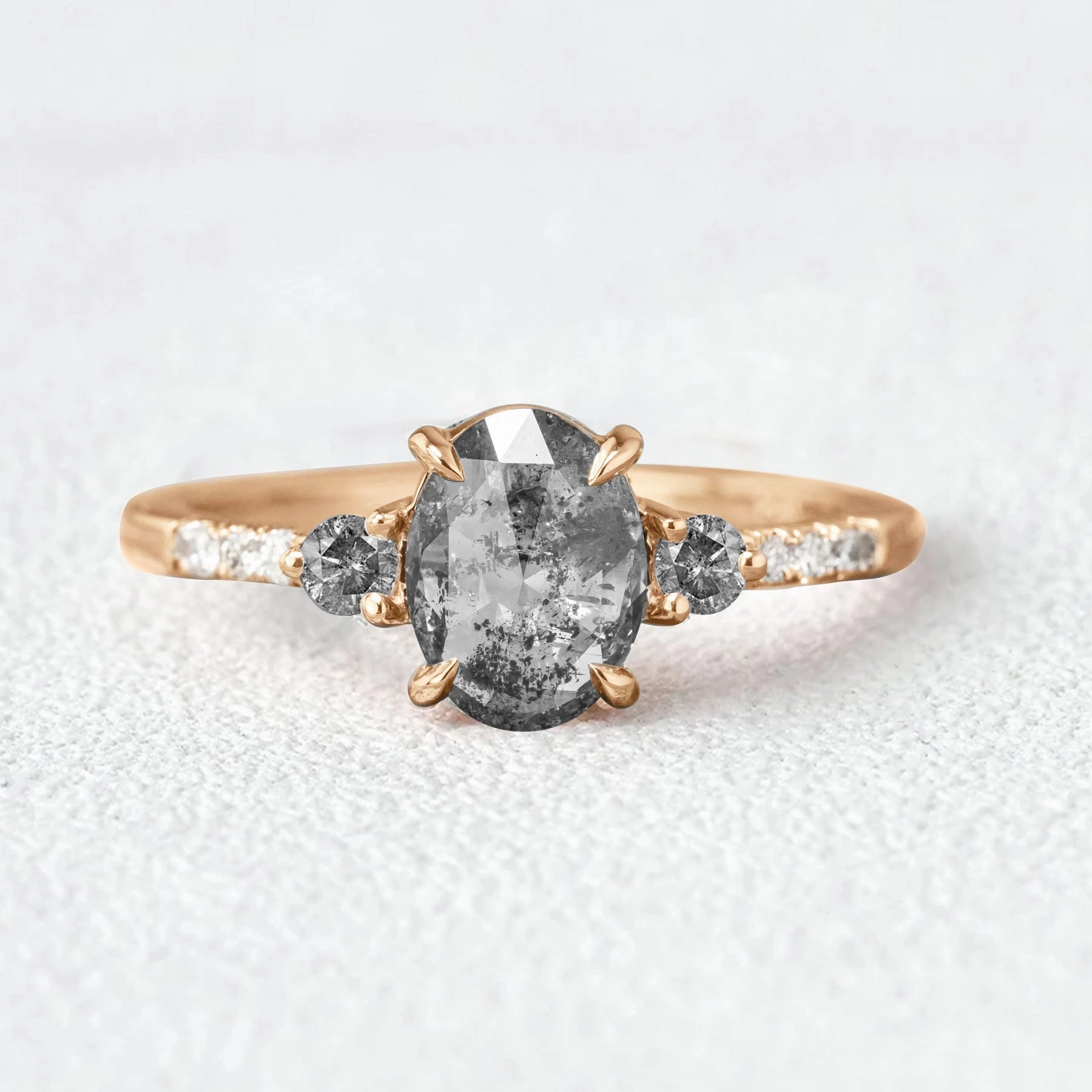 Oval Cut Salt and Pepper Diamonds Gold Engagement Ring Comfortable Fit