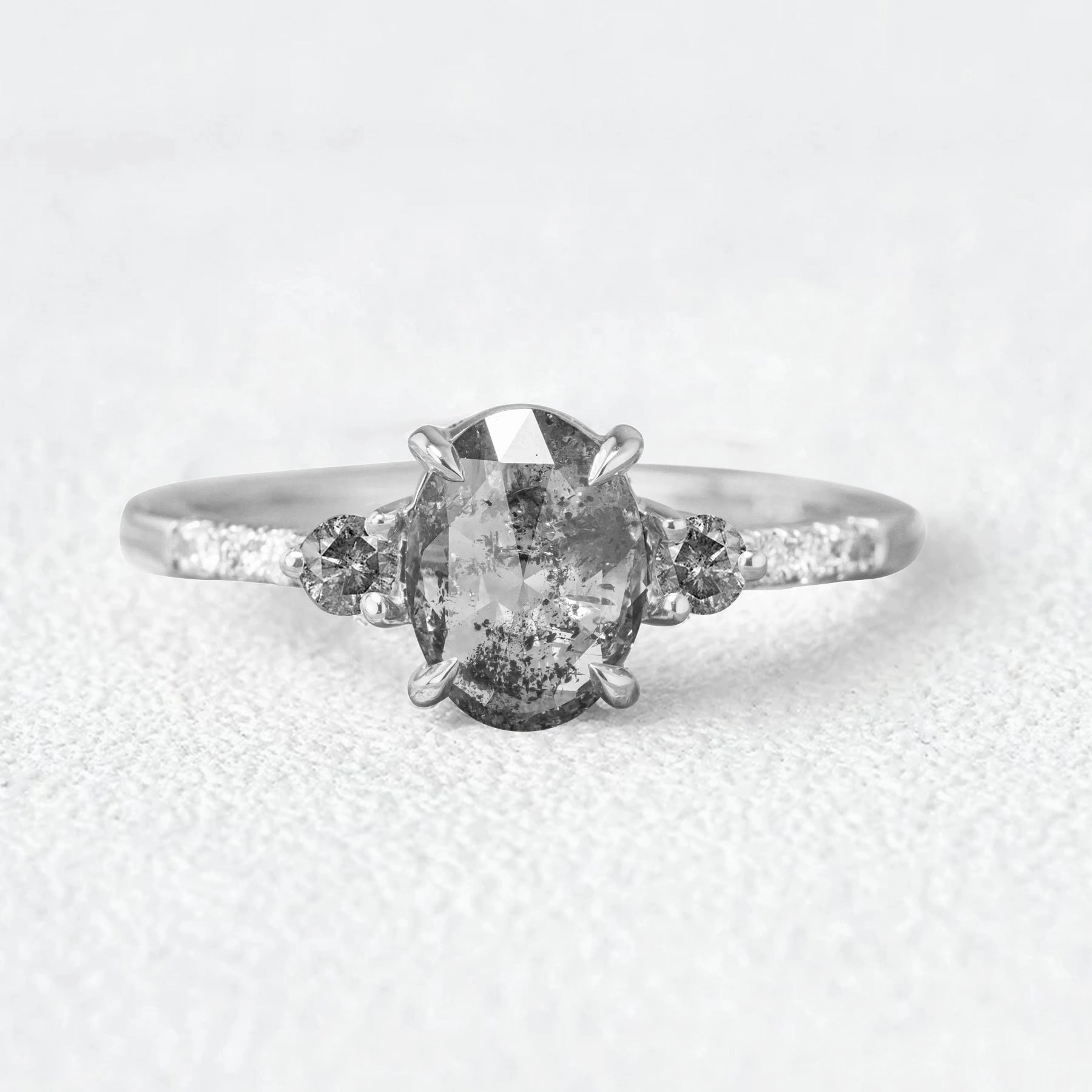 Precious Detail Oval Cut Salt and Pepper Diamonds Gold Engagement Ring