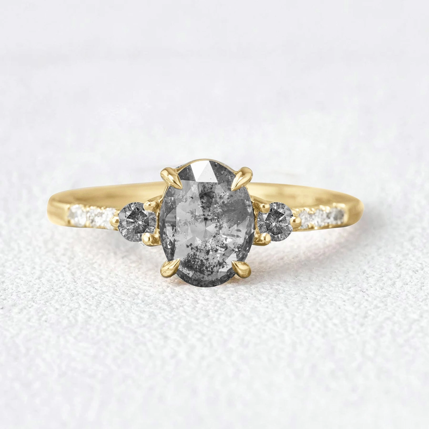 Alluring Design Oval Cut Salt and Pepper Diamonds Gold Engagement Ring