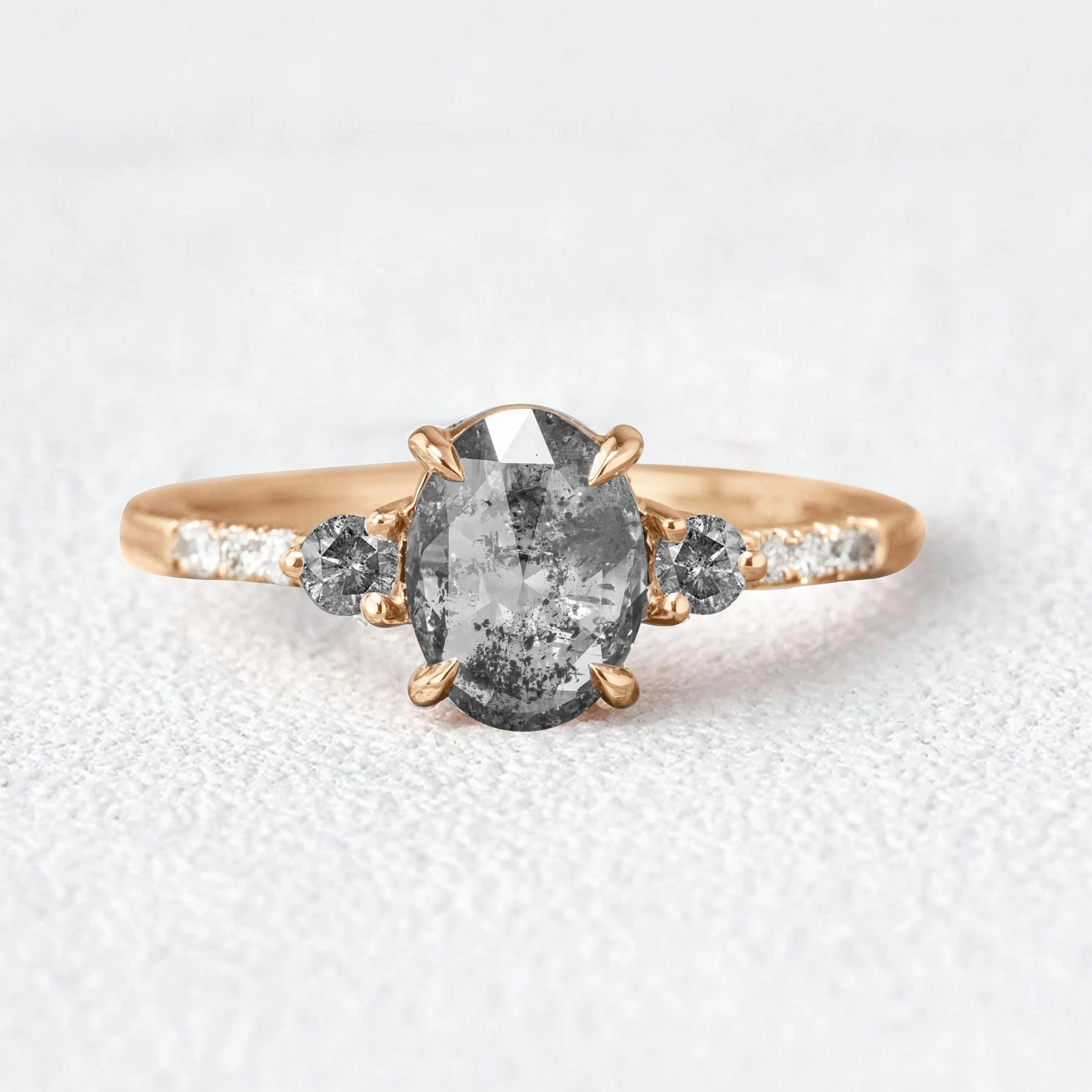 Oval Cut Salt and Pepper Diamonds Gold Engagement Ring Curved Line Minimalist Art