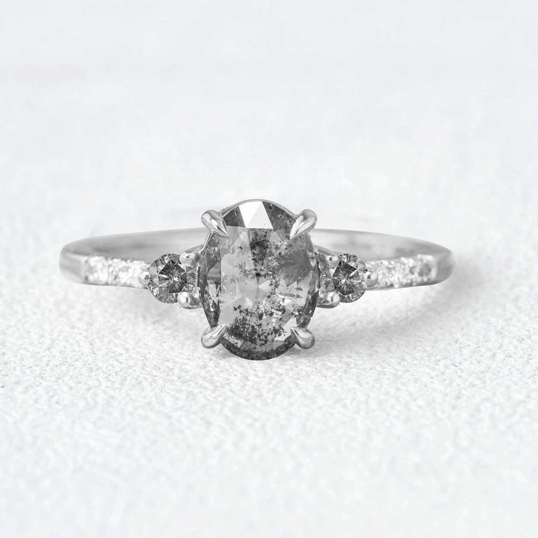 Oval Cut Salt and Pepper Diamonds Gold Engagement Ring Textured Finish Romantic Product