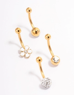 Sparkle Focus Statement Style Gold Plated Surgical Steel Bezel & Flower Belly Ring 4-Pack