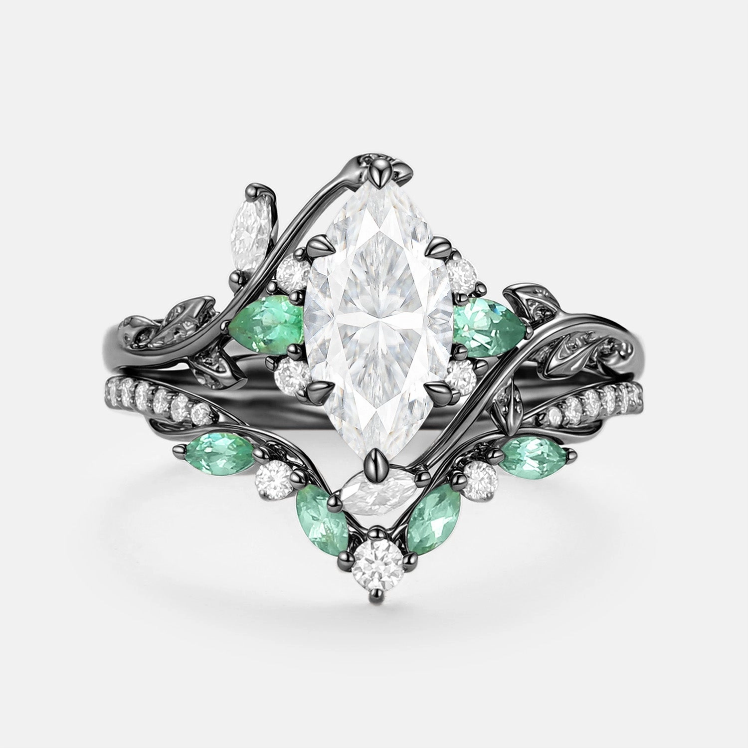 Sun Kissed Moissanite Leafy Vintage Marquise Engagement Ring Set 2pcs - Lime