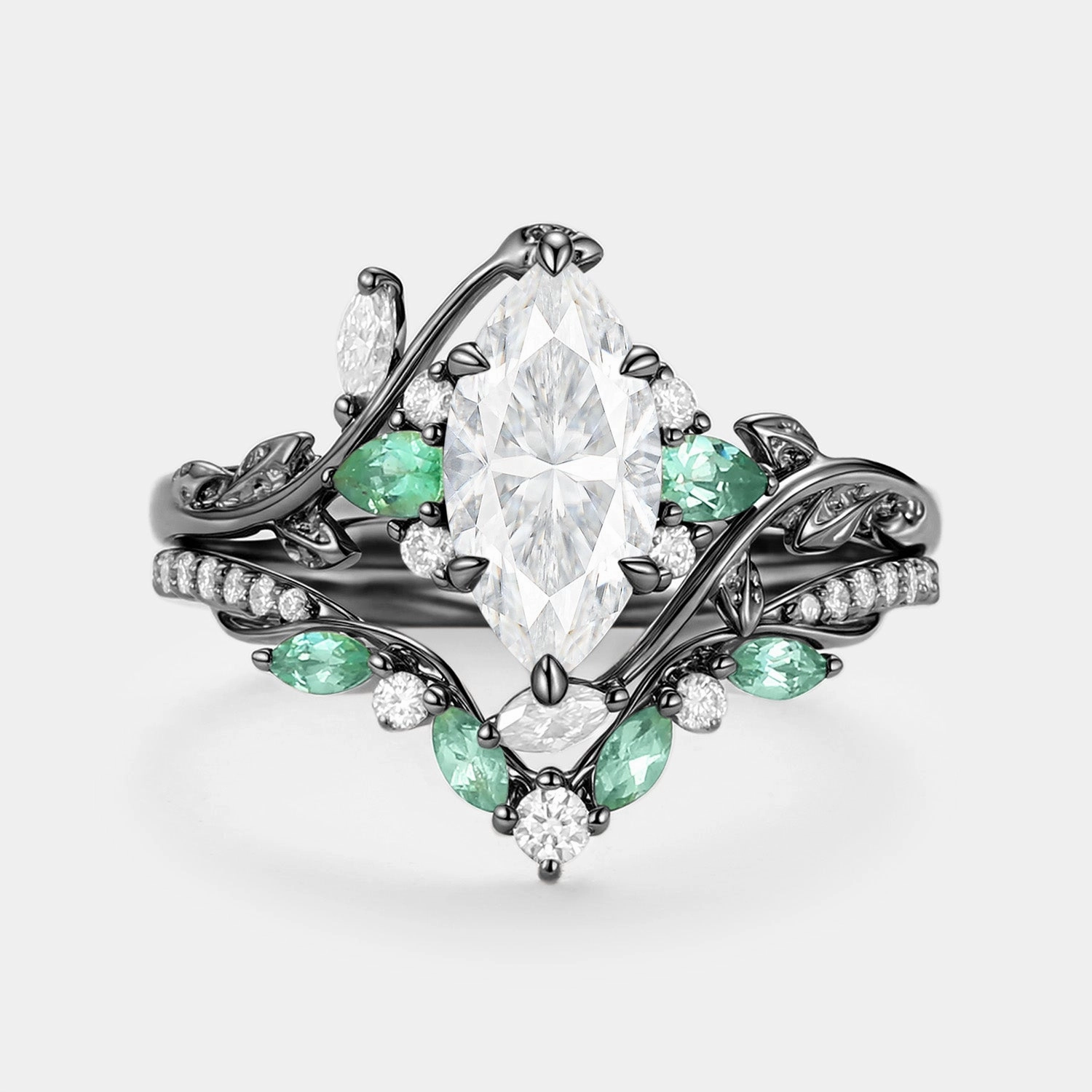 Moissanite Leafy Vintage Marquise Engagement Ring Set 2pcs - Lime High-End Item