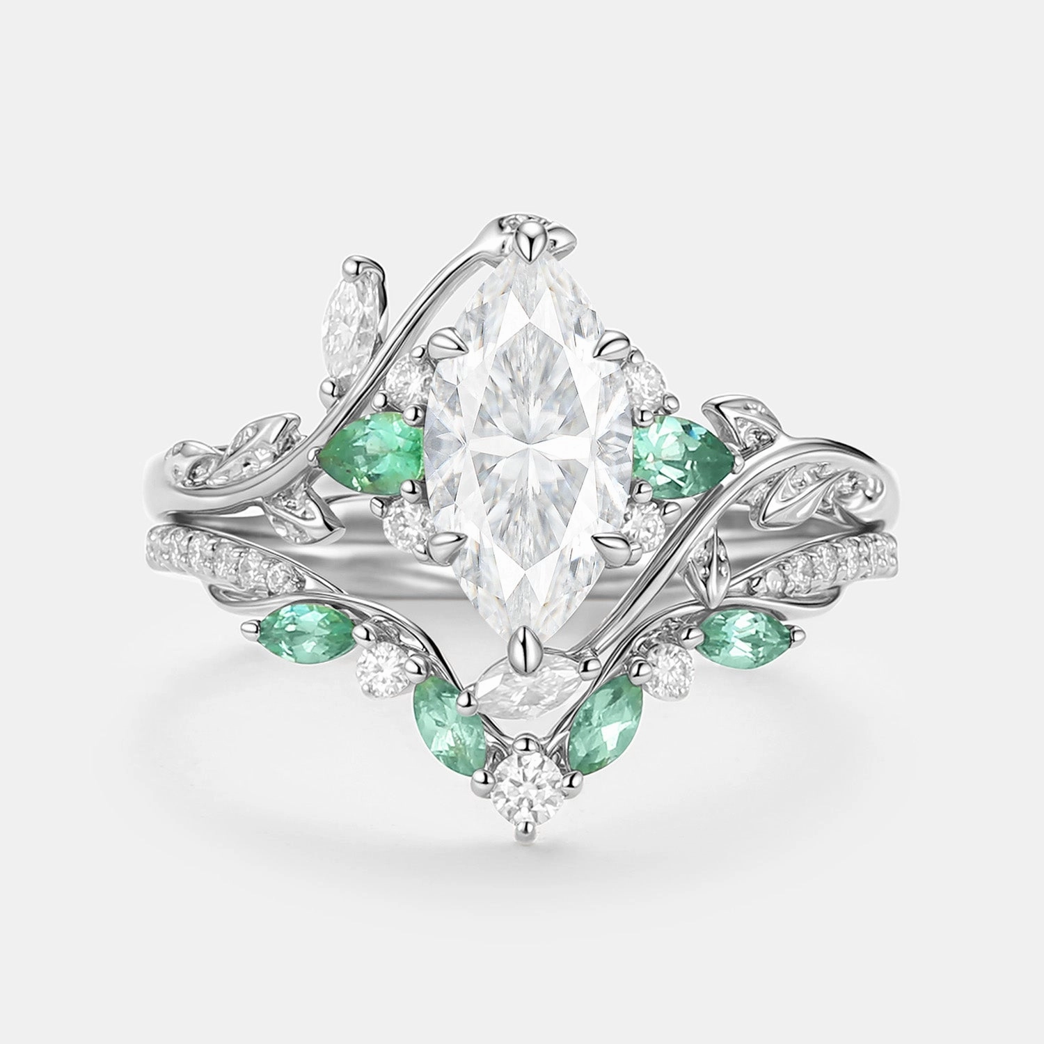 Moissanite Leafy Vintage Marquise Engagement Ring Set 2pcs - Lime Cool Detail