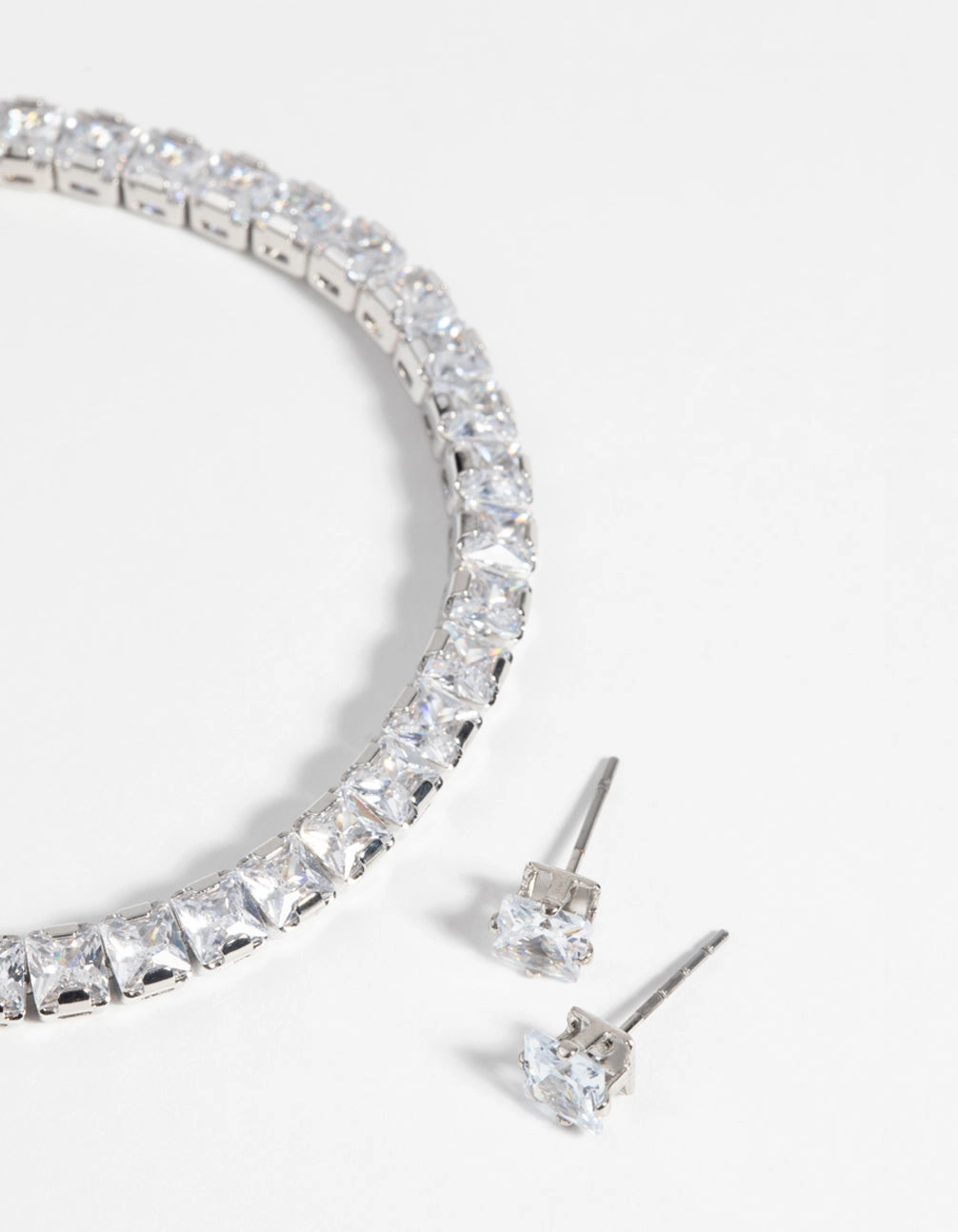Silver Square Diamond Simulant Bracelet & Earrings Set Luxe For Less Graceful Accent