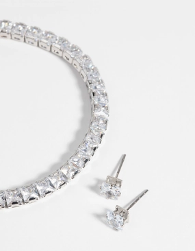 Silver Square Diamond Simulant Bracelet & Earrings Set Luxe For Less Graceful Accent