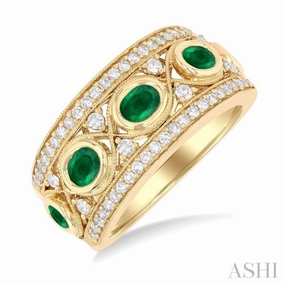 Glam Present 4x3 MM Oval and 2.8 MM Round Cut Emerald and 3/8 Ctw Curvy Criss-Cross Single Cut Diamond Precious Band in 14K Yellow Gold