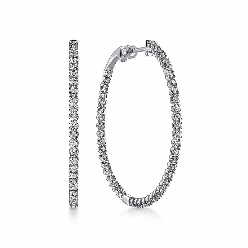 Glamorous Finish Modern Flow 14K White Gold 40mm Diamond Inside Out Hoop Earrings