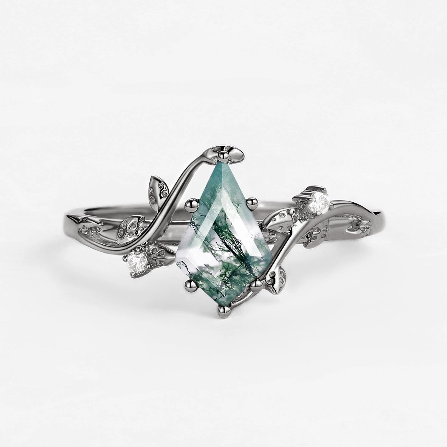 Black Gold Unique Moss Agate Leafy Engagement Ring - Willow Unique Craftwork Quick Layer