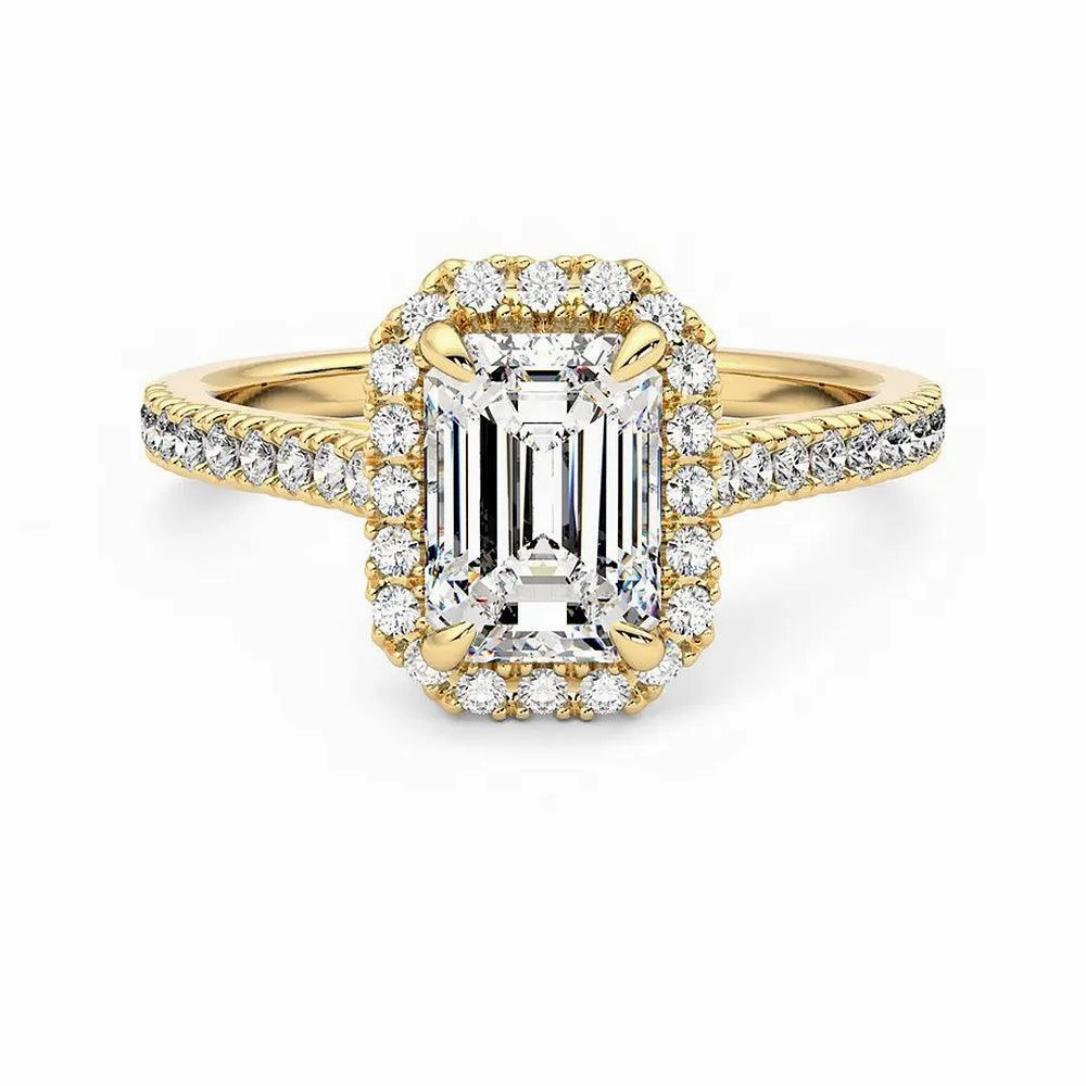 Exquisite detail party accessory Emerald Cut Halo Moissanite Engagement Ring with Hidden Anniversary Stone Accent