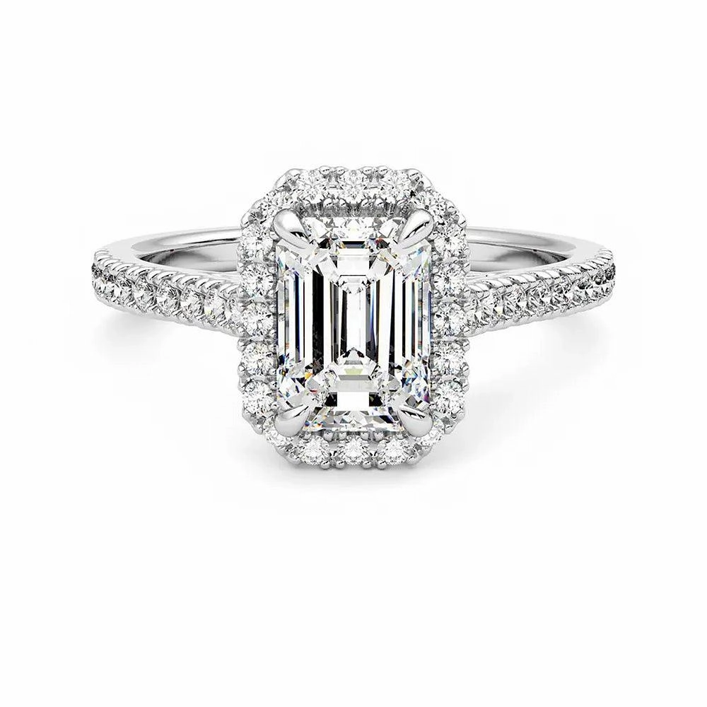 Bold Accent Emerald Cut Halo Moissanite Engagement Ring with Hidden Anniversary Stone Accent