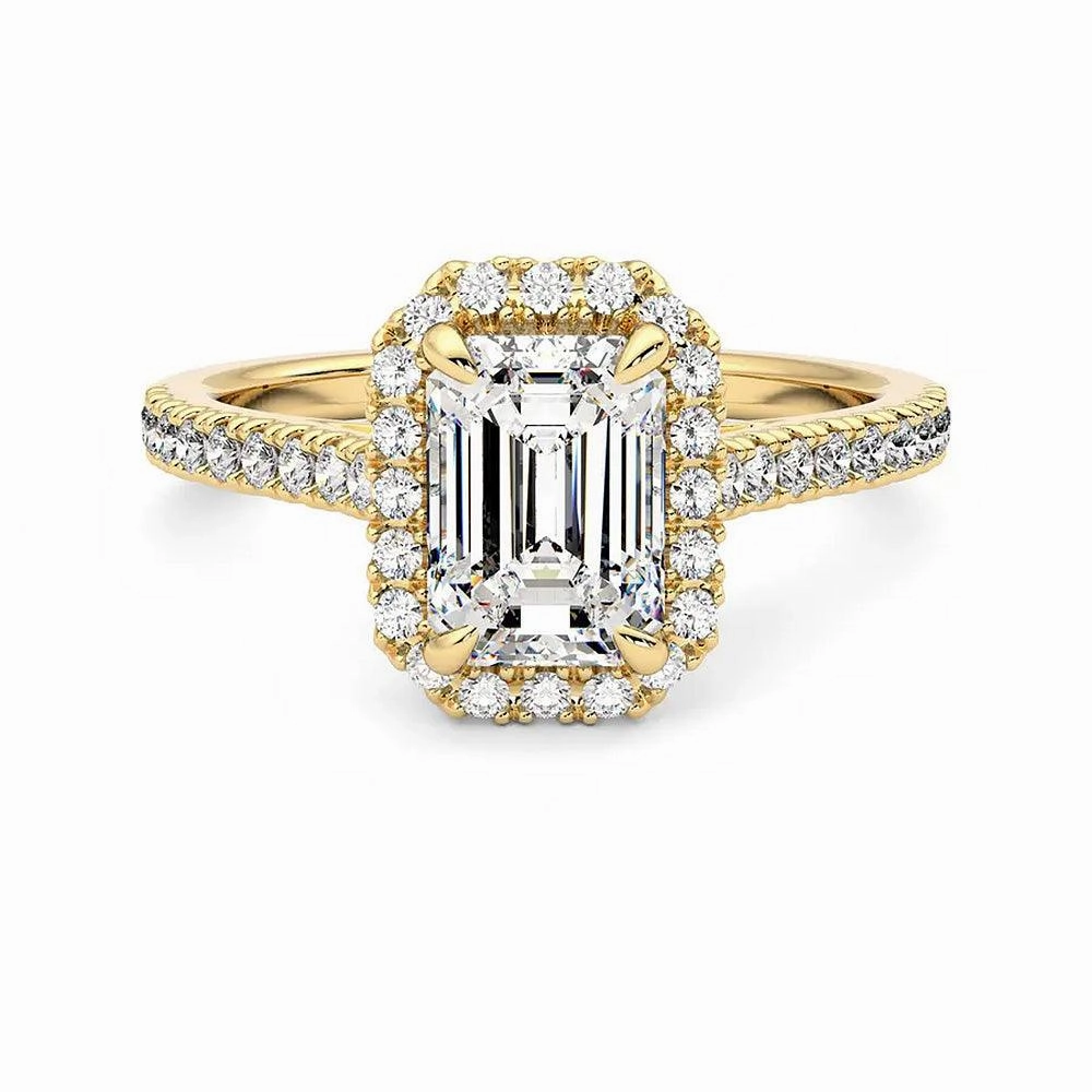 Emerald Cut Halo Moissanite Engagement Ring with Hidden Anniversary Stone Accent Handcrafted Art Fashion Sparkle