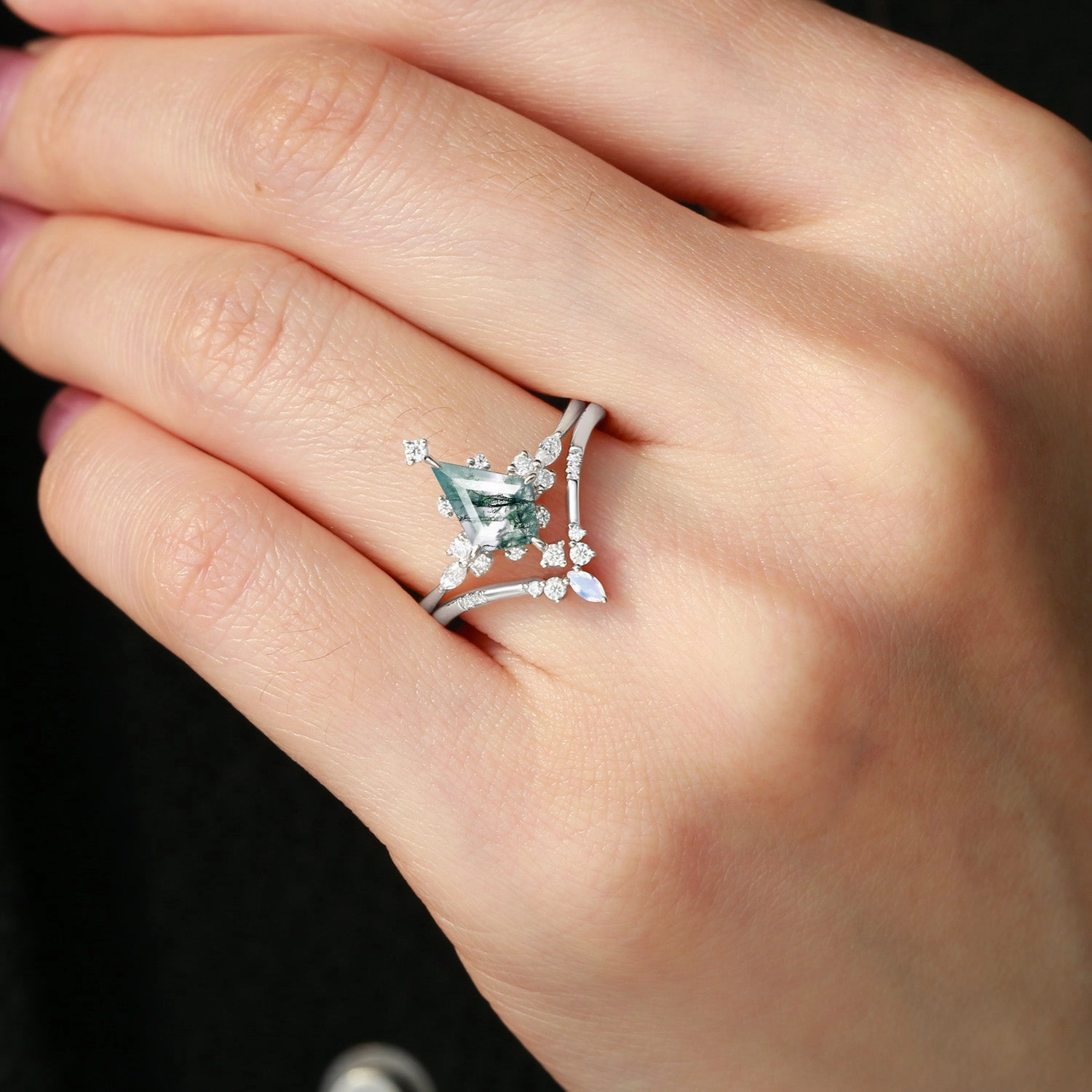 Gloss Finish Unique Kite Cut Moss Agate & Moonstone Engagement Ring Sets 2pcs