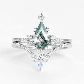 Polished Flow Unique Kite Cut Moss Agate & Moonstone Engagement Ring Sets 2pcs