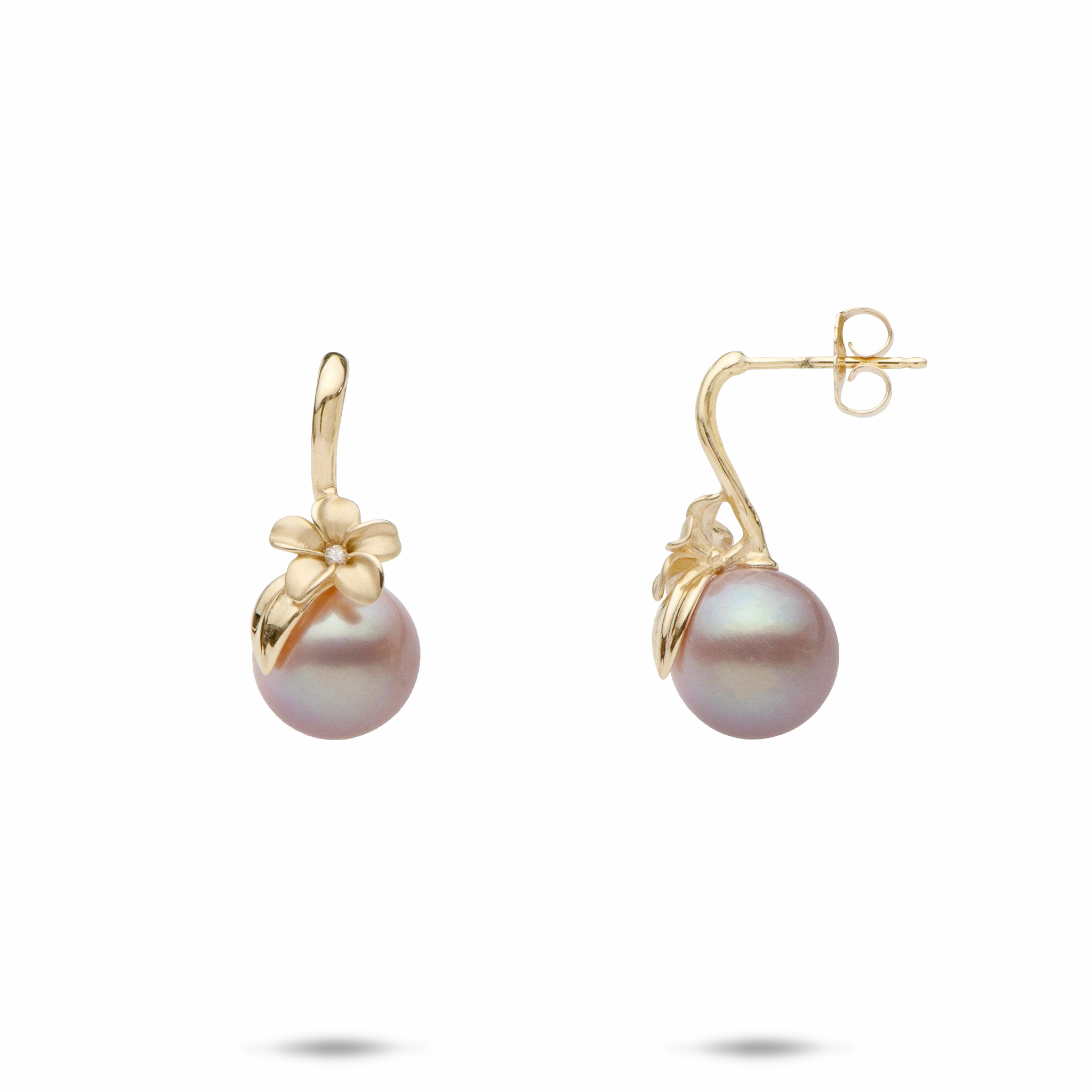 Plumeria Lavender Freshwater Pearl Earrings in Gold with Diamonds - 9-10mm Fashion Accent