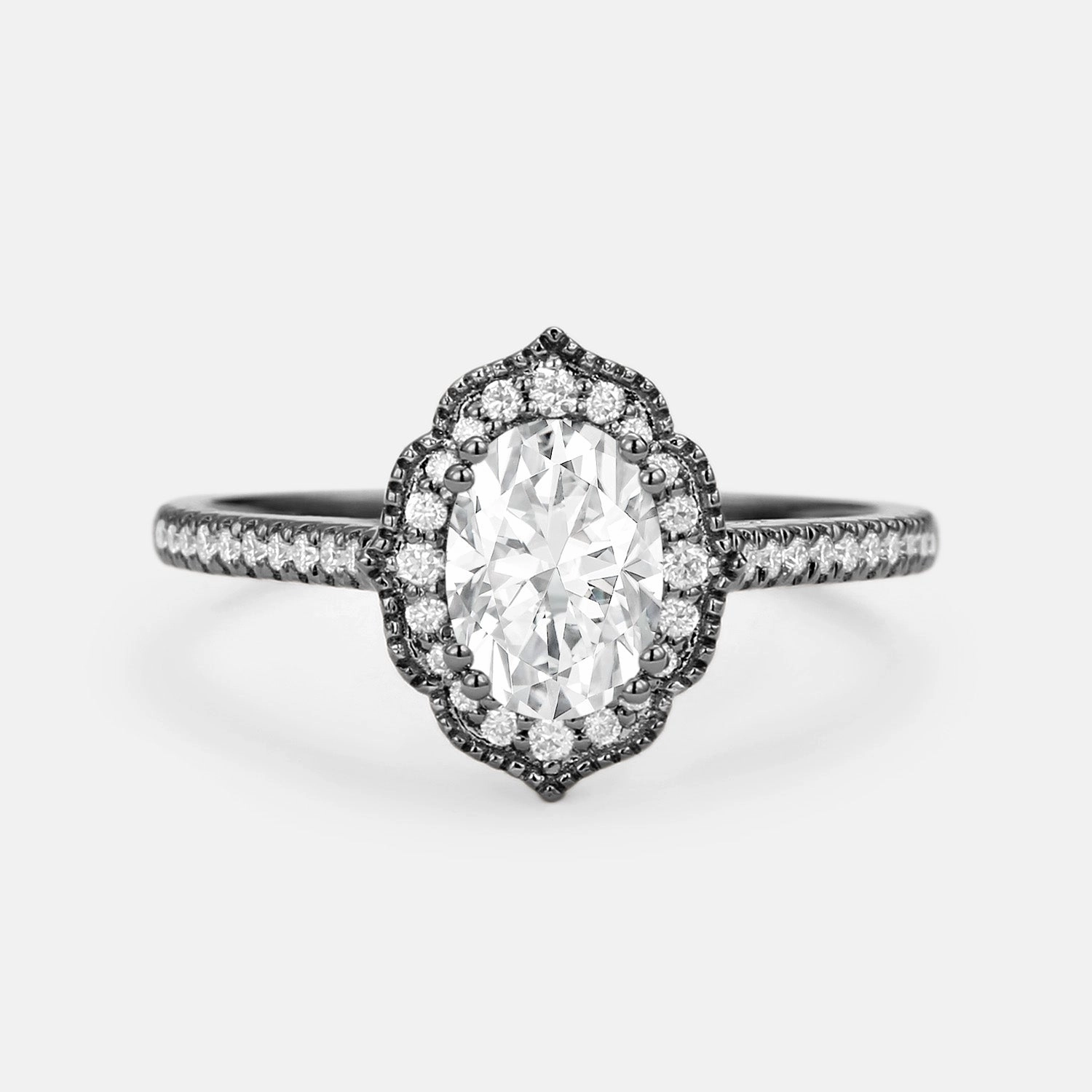 petite size Antique Halo Oval Moissanite White Gold Engagement Ring