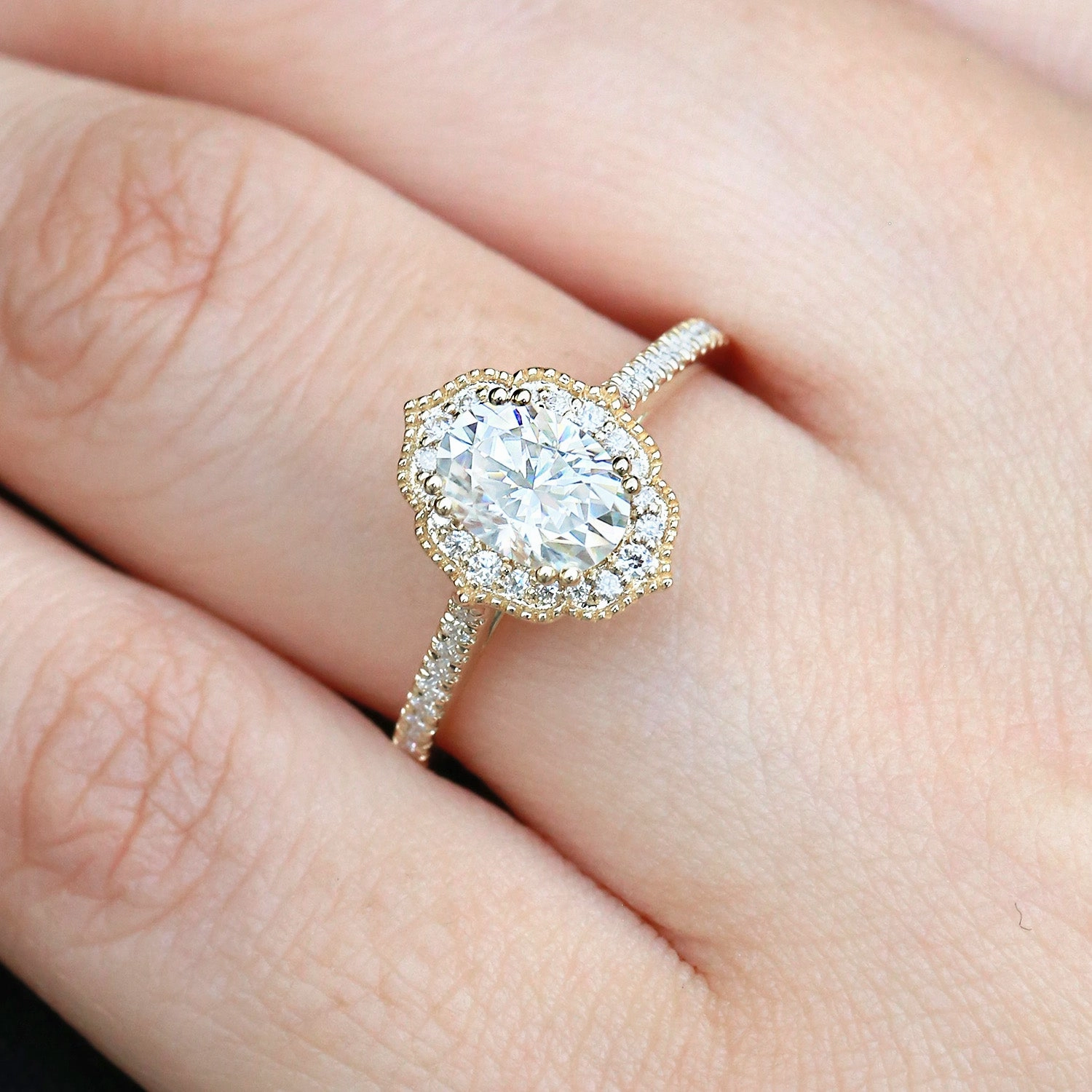 Glossy Finish Antique Halo Oval Moissanite White Gold Engagement Ring