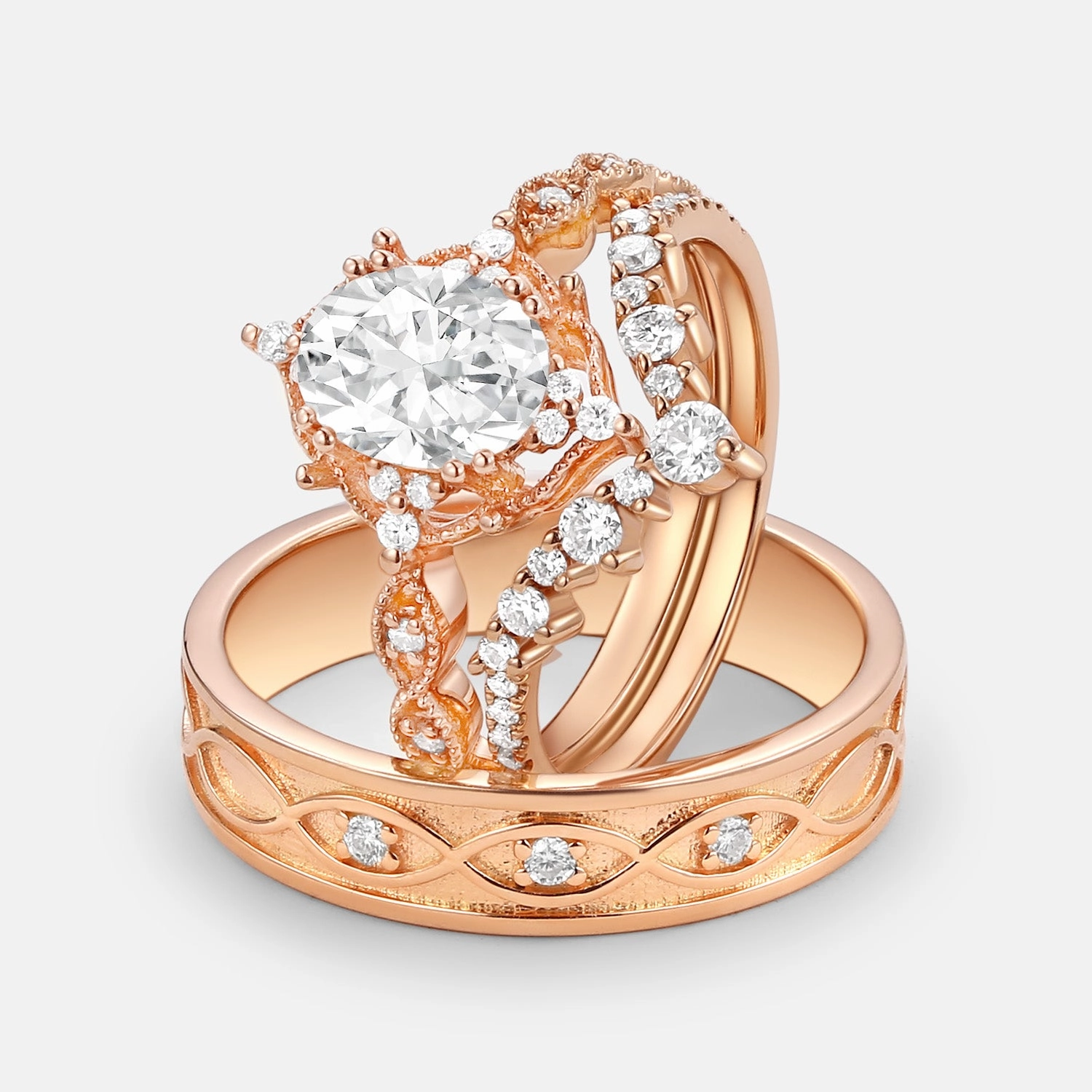 Signature Vintage - Oval Cut Moissanite Cage Vintage Couple Ring Set 3pcs - Charlotte Formal Gathering Modern Touch