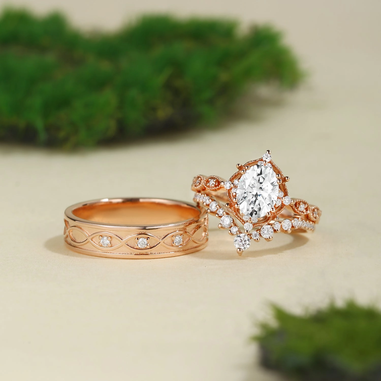 Daily Spark Personal Art Signature Vintage - Oval Cut Moissanite Cage Vintage Couple Ring Set 3pcs - Charlotte