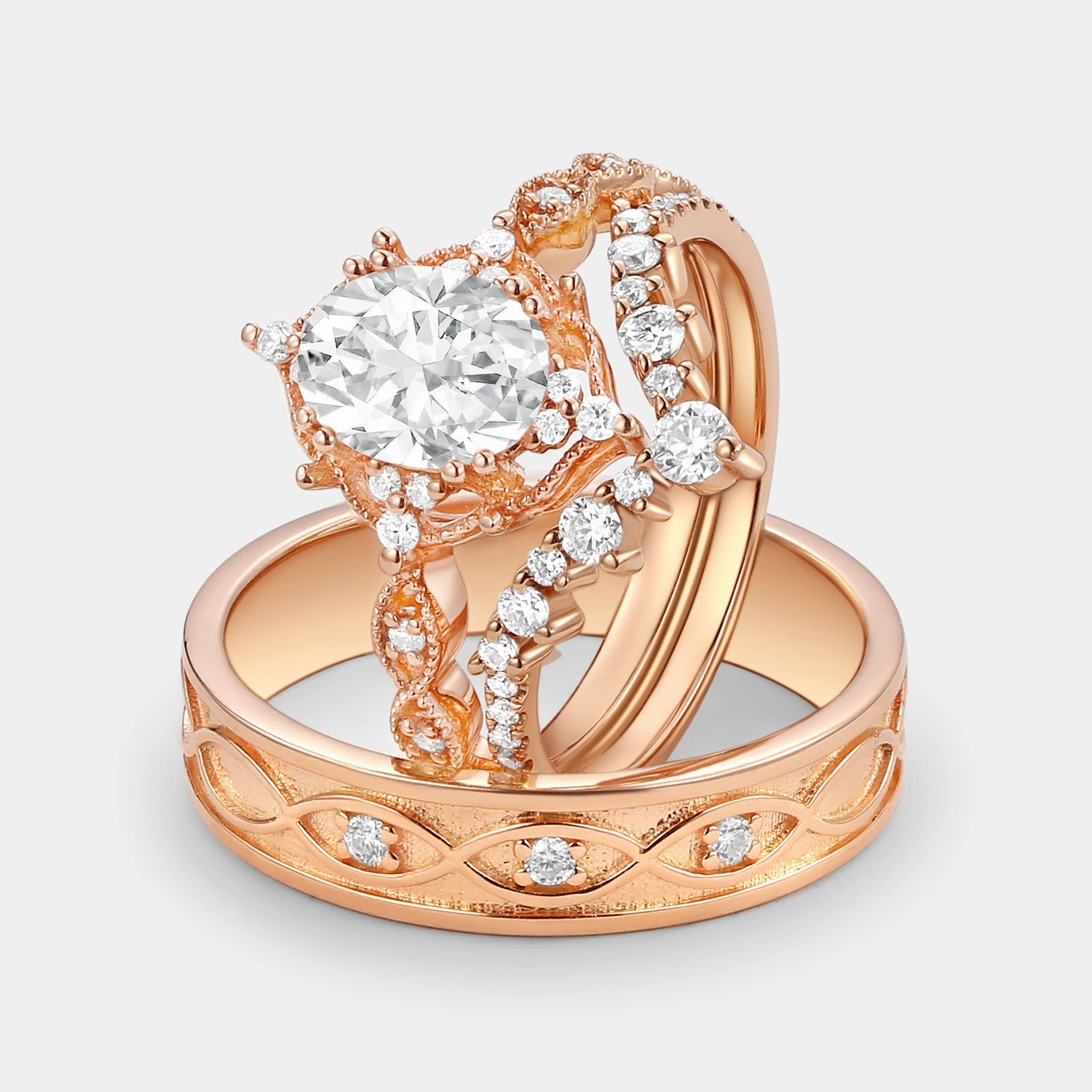 Delicate Accent Fashionable Design Signature Vintage - Oval Cut Moissanite Cage Vintage Couple Ring Set 3pcs - Charlotte