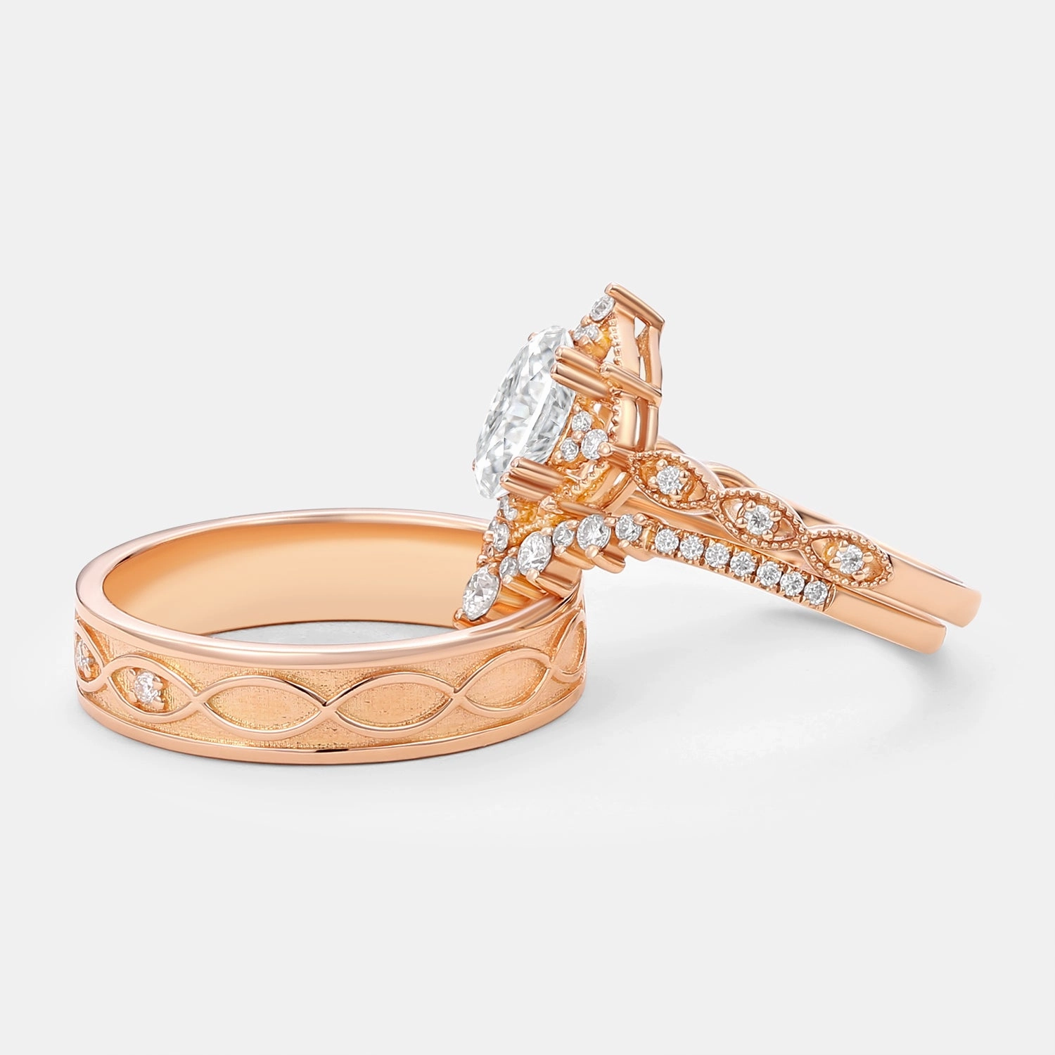 Easy Style Signature Vintage - Oval Cut Moissanite Cage Vintage Couple Ring Set 3pcs - Charlotte