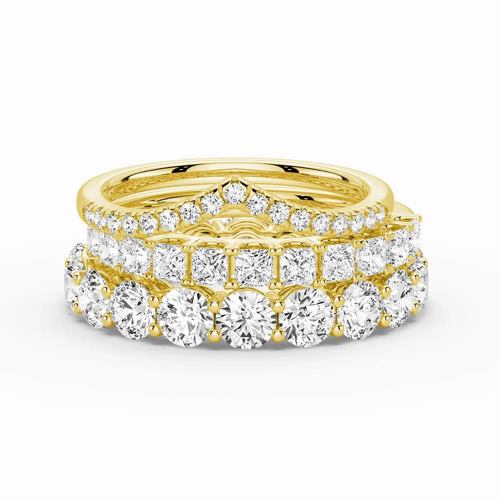 Glam fit Distinctive Detailing Round And Princess Moissanite Eternity Bands with Curved V Wedding Stacking Rings
