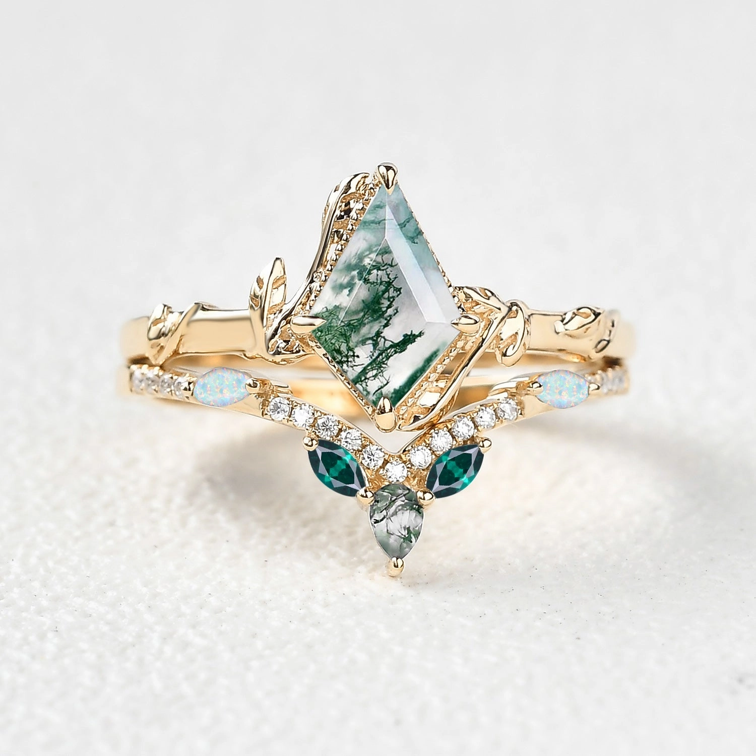 Kite Cut Moss Agate Leafy Opal & Emerald Engagement Ring Sets 2pcs - Lark Fantastic Adornment solid color