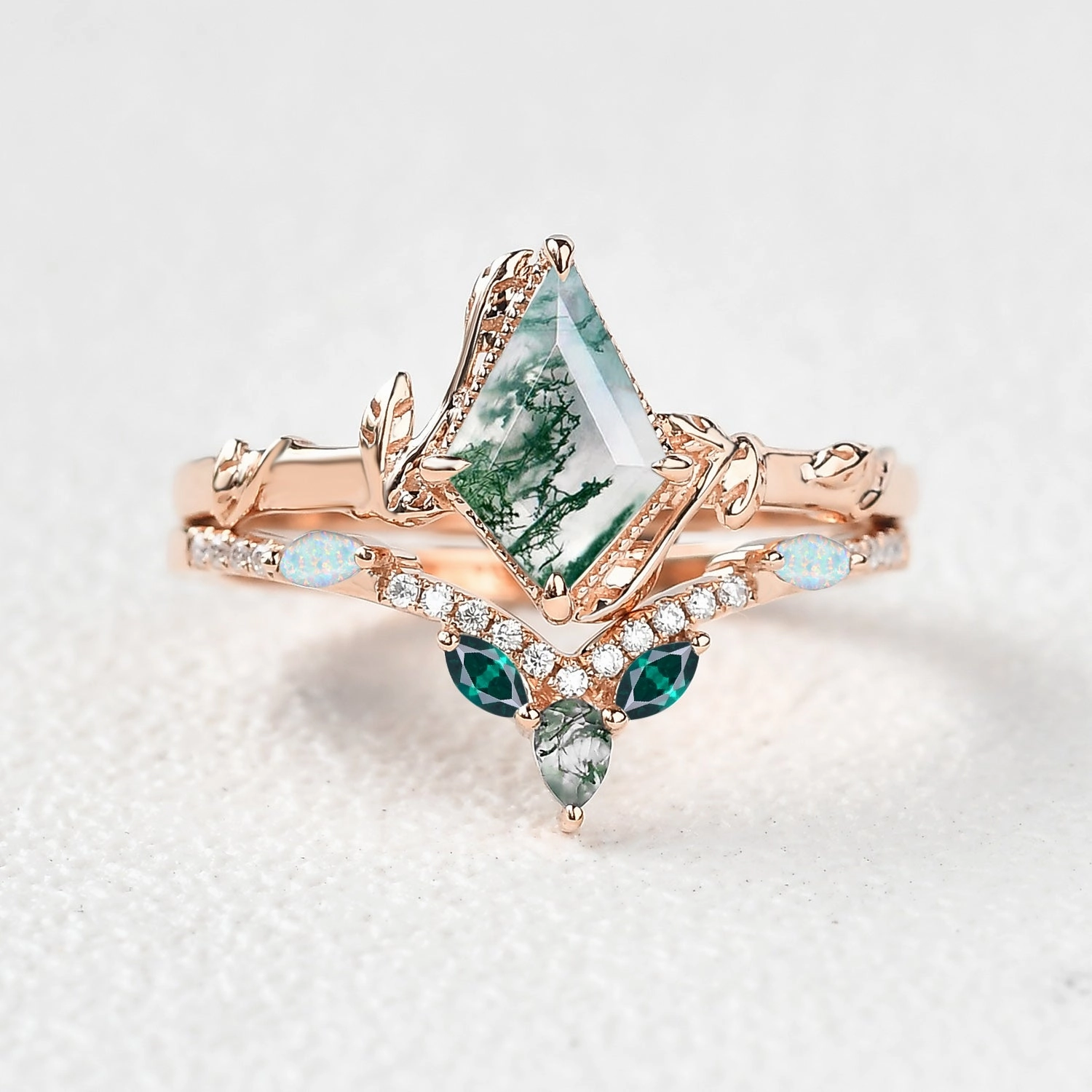 Kite Cut Moss Agate Leafy Opal & Emerald Engagement Ring Sets 2pcs - Lark Unique Shape Chic Shine