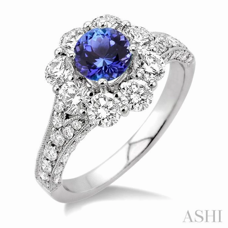 Casual Balance Universal Gift 6 MM Round Cut Tanzanite and 1 1/2 Ctw Round Cut Diamond Precious Ring in 14K White Gold