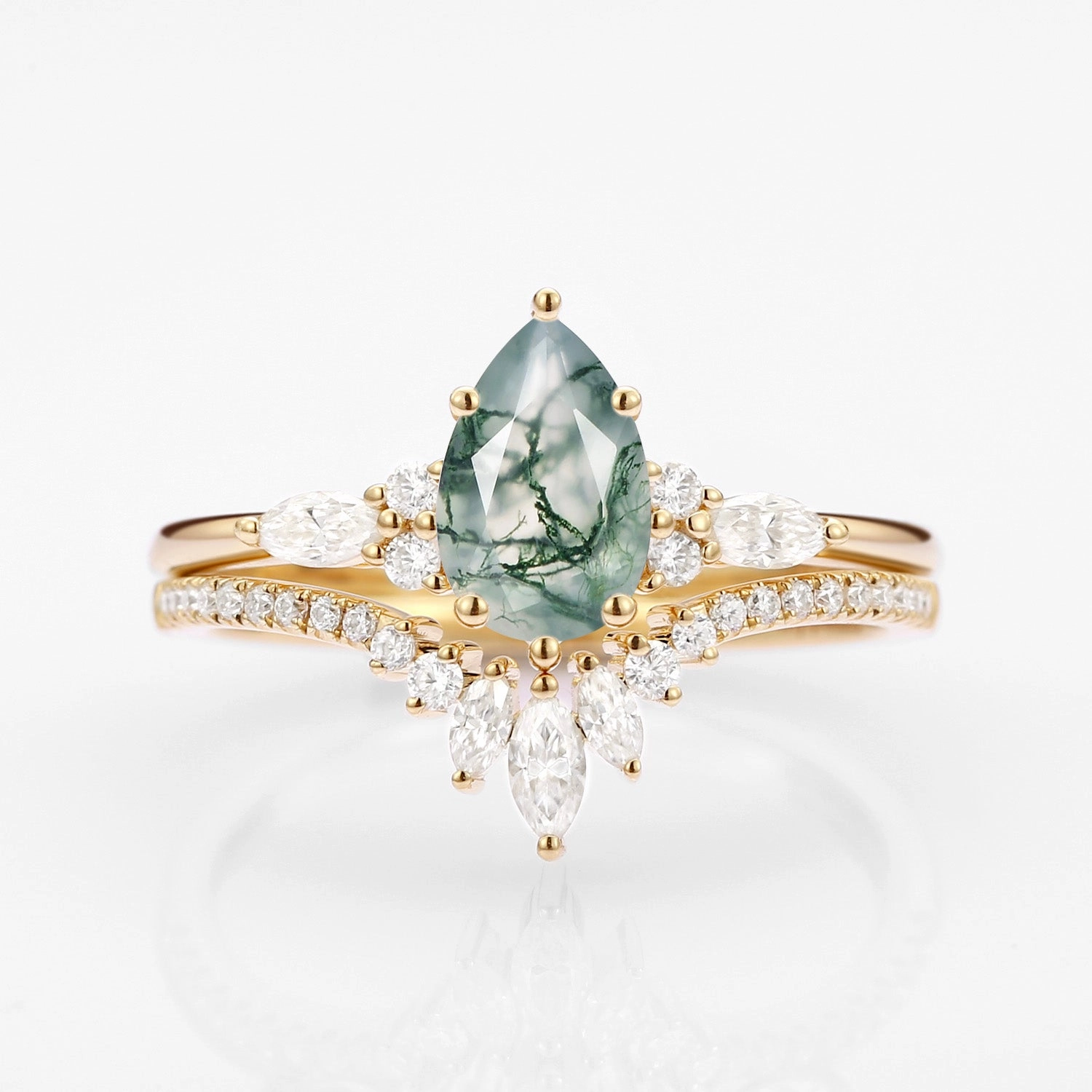 Pear Cut Moss Agate Three Stone Engagement Ring Set 2pcs - Rebecca Fashion Mood Value Object