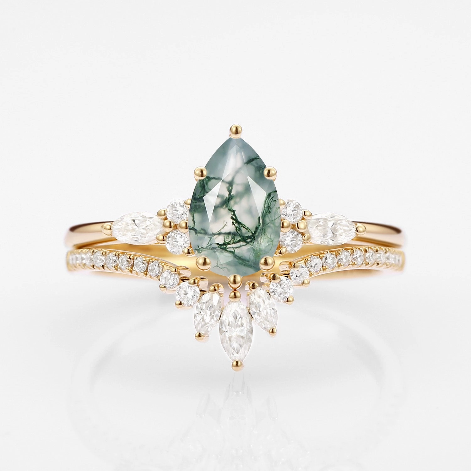 Pear Cut Moss Agate Three Stone Engagement Ring Set 2pcs - Rebecca Fashion Staple