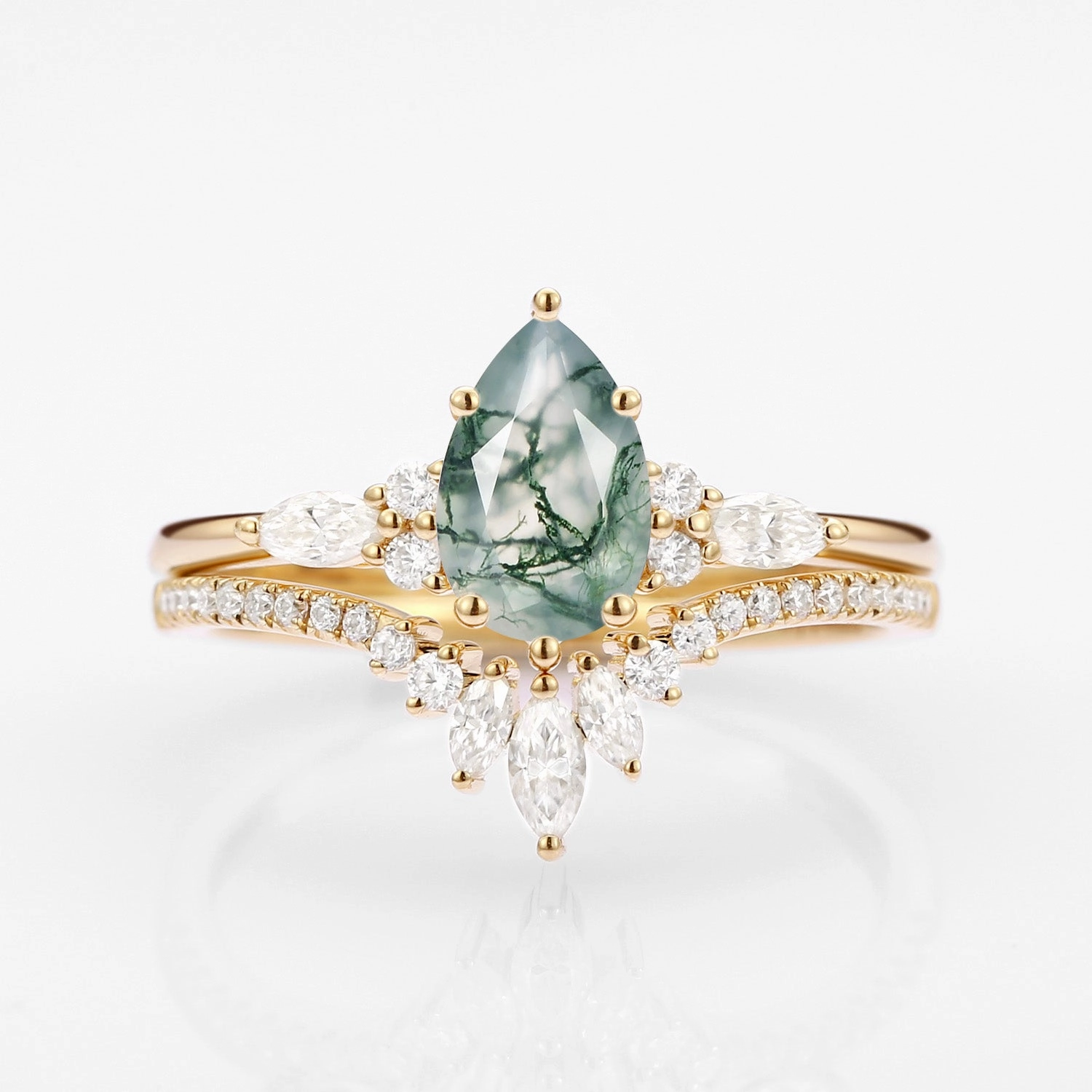 Pear Cut Moss Agate Three Stone Engagement Ring Set 2pcs - Rebecca Stylish Touch Party Moment