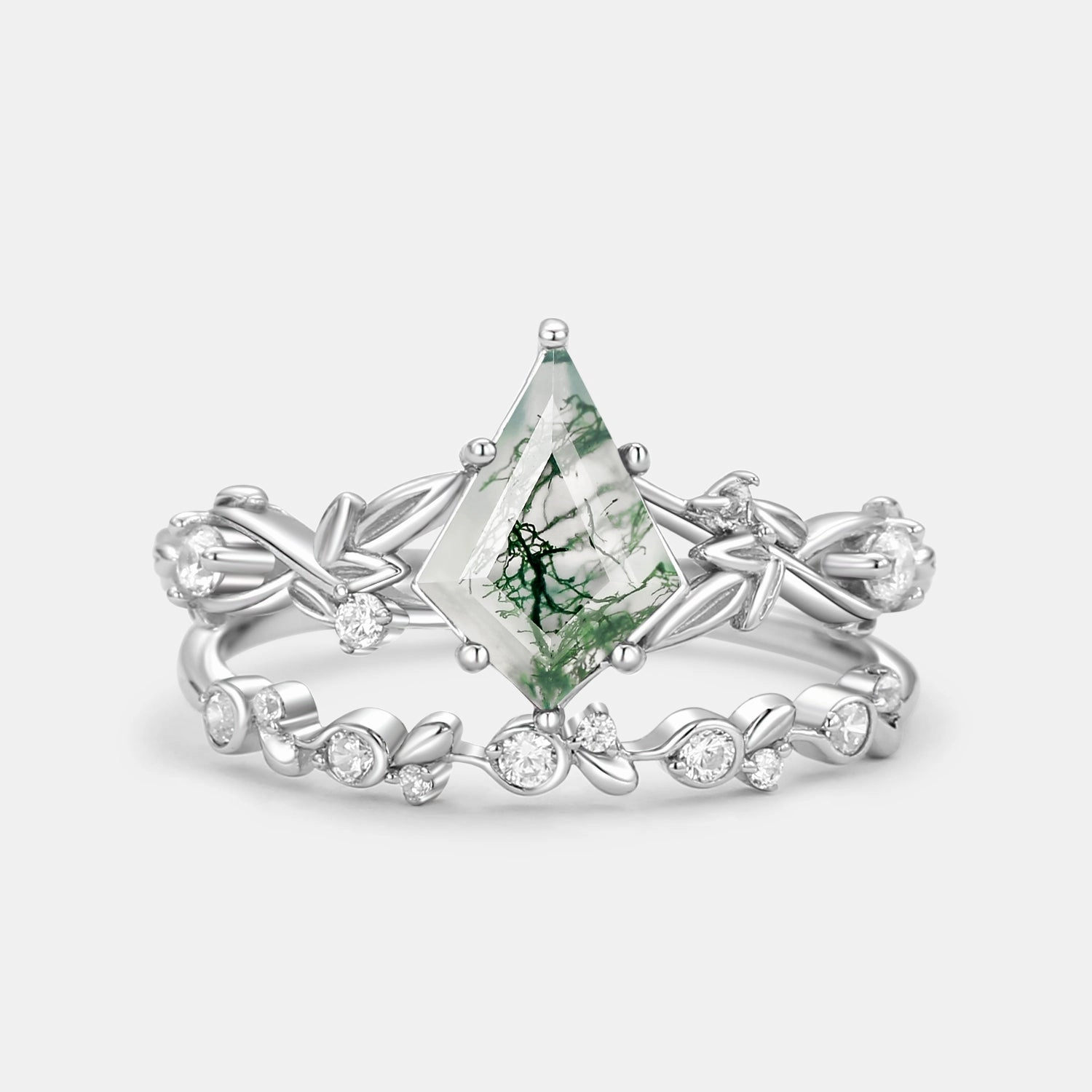 Leafy Kite Cut Moss Agate Engagement Ring & Straight Band Sets 2pcs Modern Flow