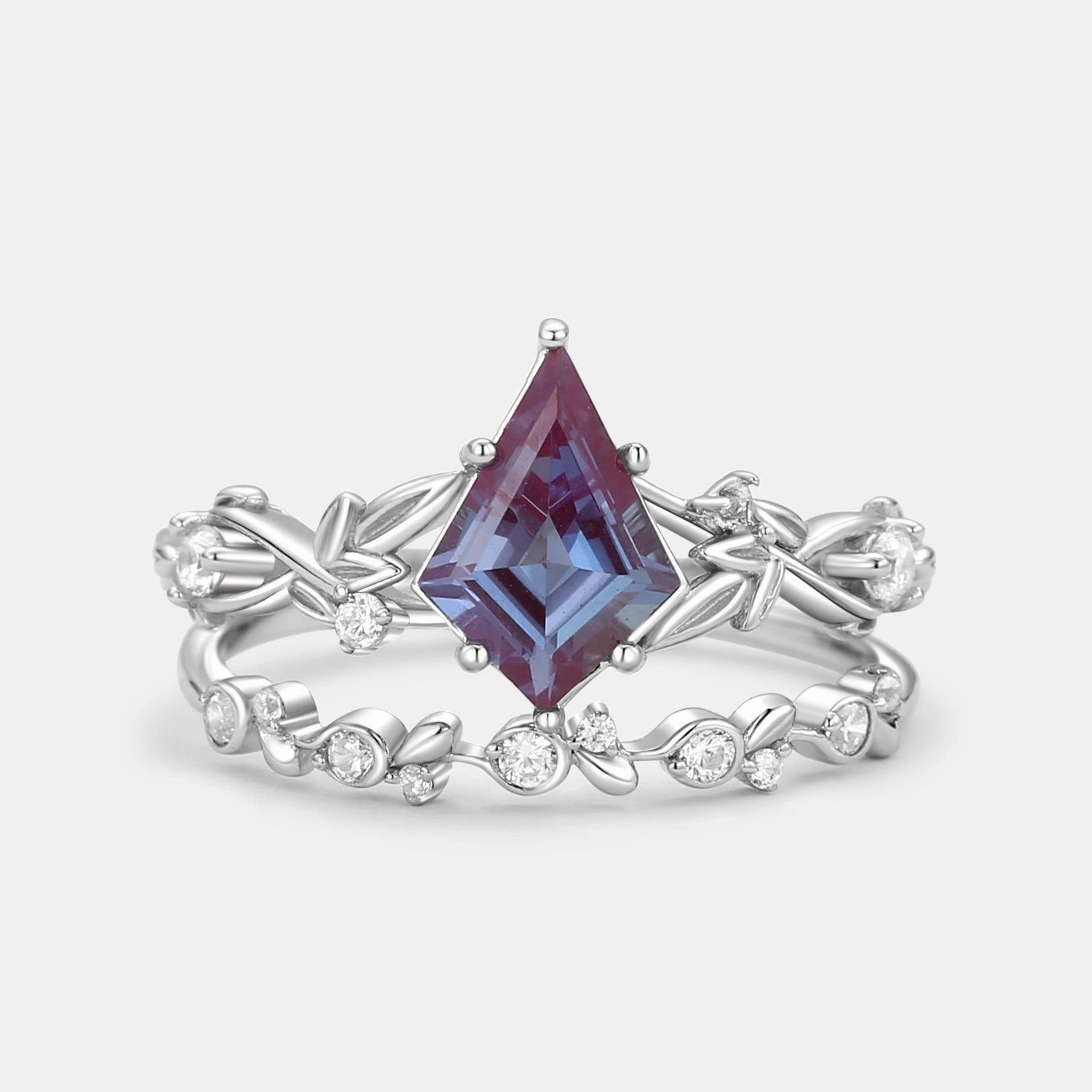 Hypoallergenic Design Leafy Kite Cut Moss Agate Engagement Ring & Straight Band Sets 2pcs