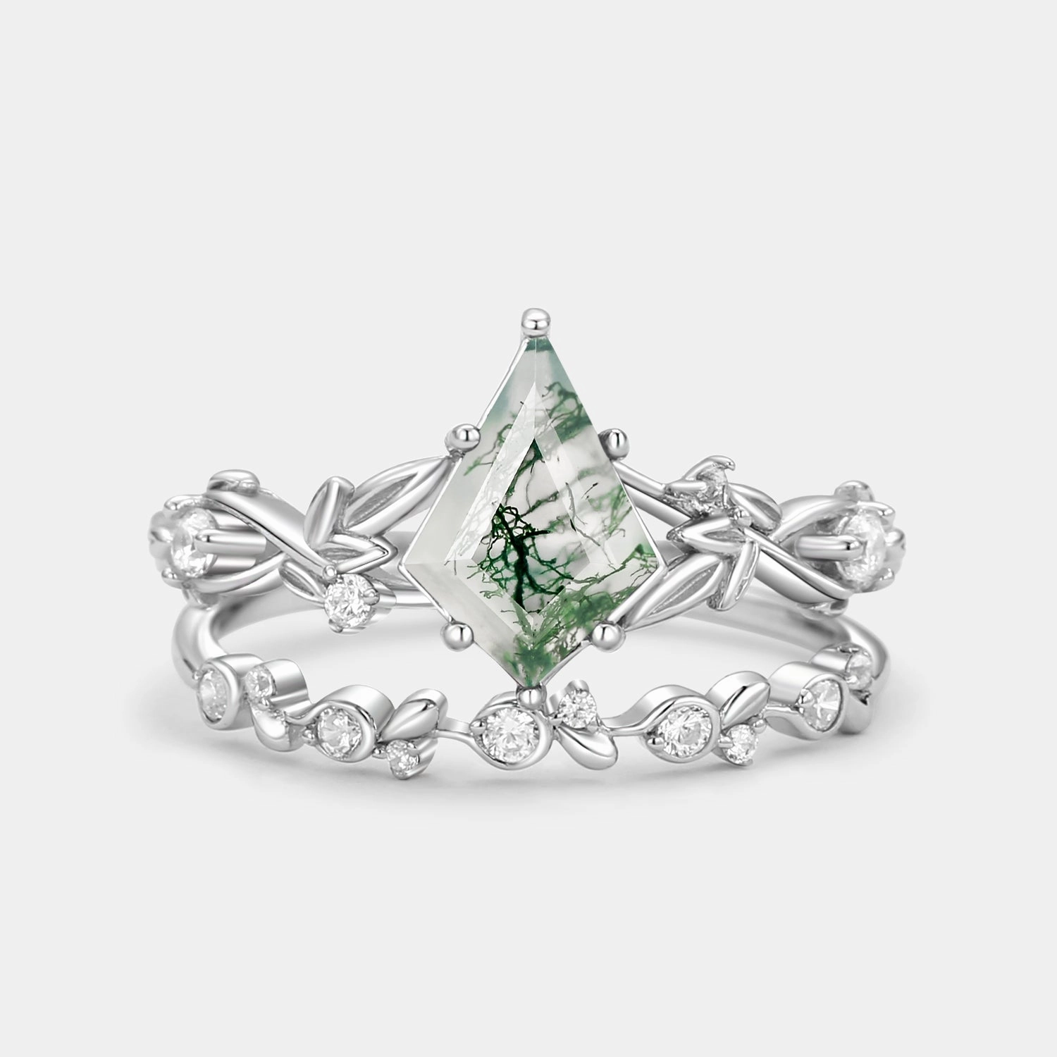 Monogrammed Piece Leafy Kite Cut Moss Agate Engagement Ring & Straight Band Sets 2pcs