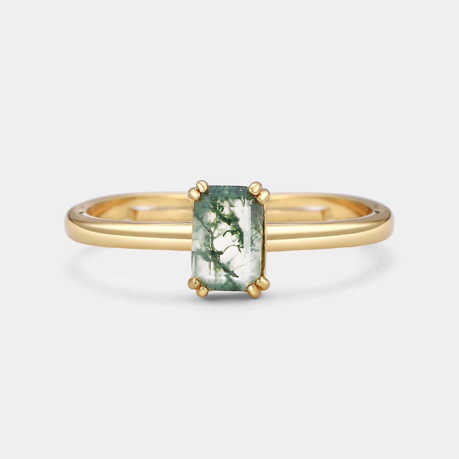 gentle style Emerald Cut Moss Agate Solitaire Engagement Ring