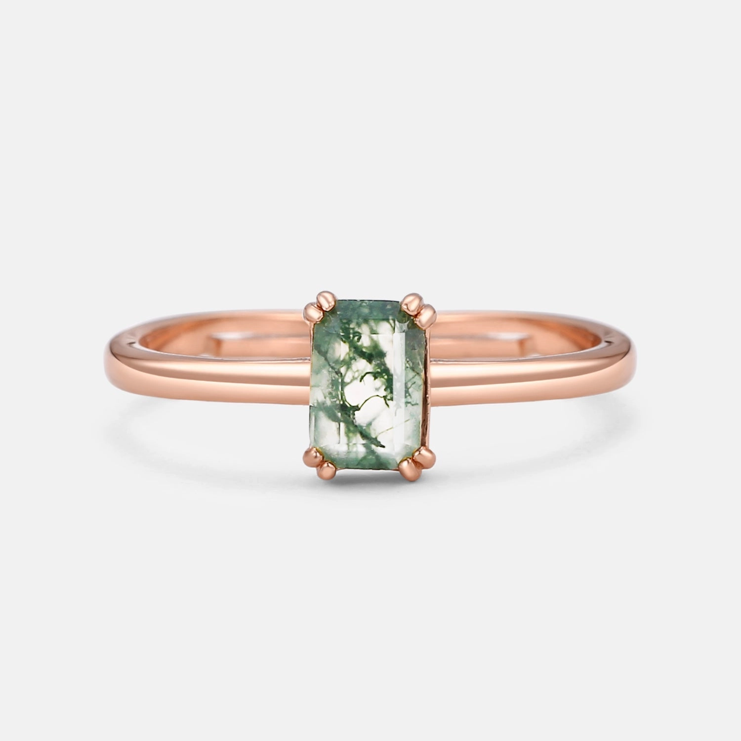 Emerald Cut Moss Agate Solitaire Engagement Ring Special Accent