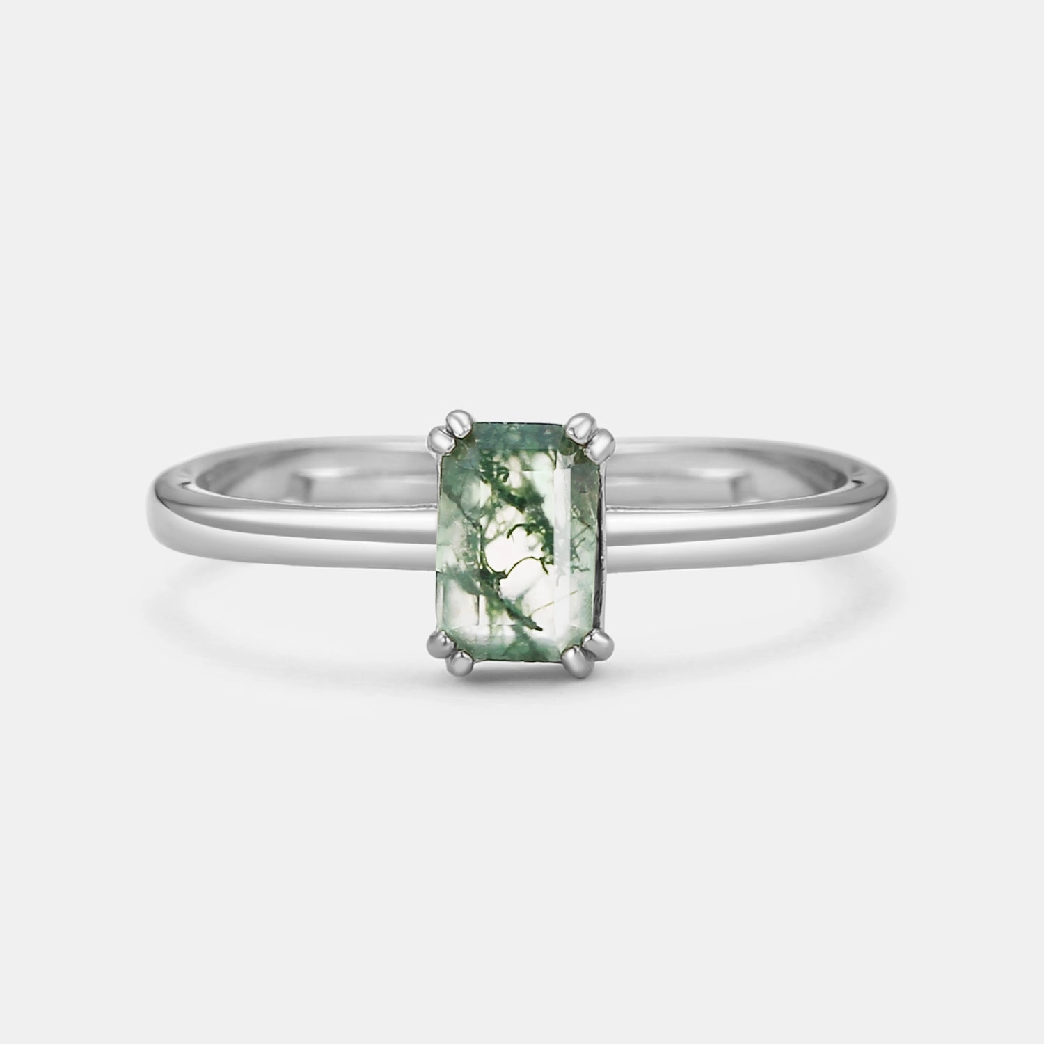 Custom Design Pieces Emerald Cut Moss Agate Solitaire Engagement Ring